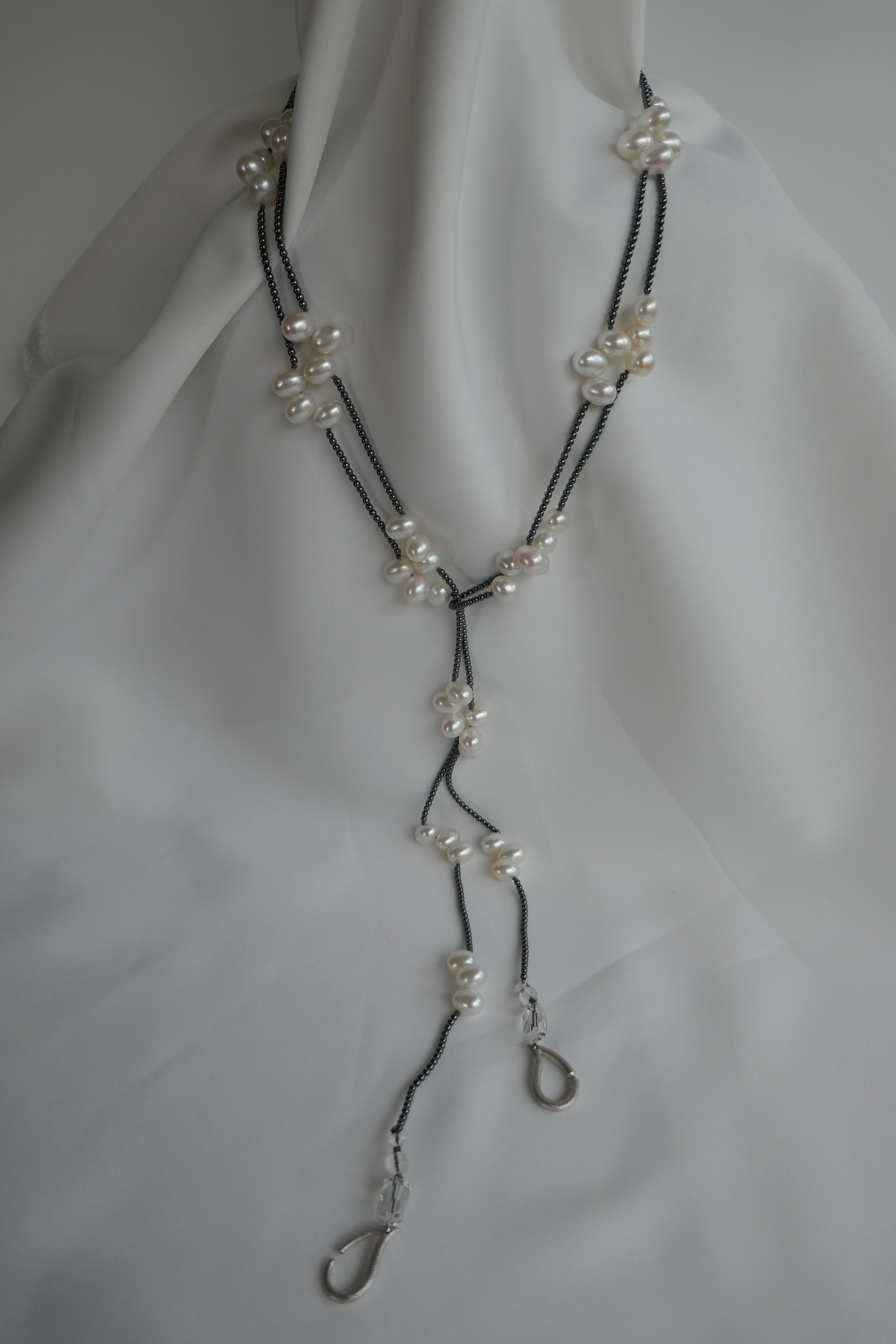 Cultured Pearls Hematite 925 Sterling Silver Gemstone Long Necklace For Sale 5