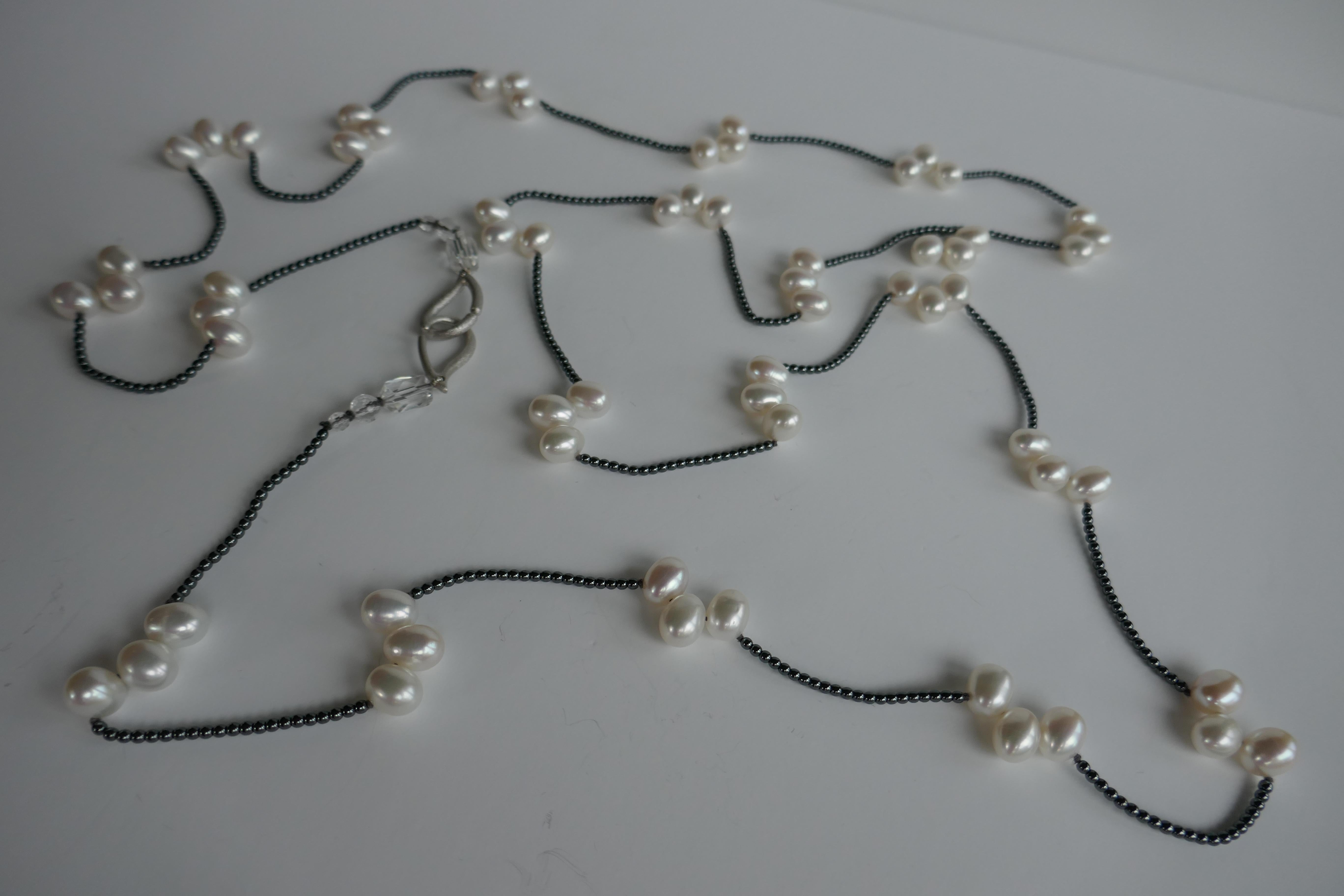 Cultured Pearls Hematite 925 Sterling Silver Gemstone Long Necklace In New Condition For Sale In Coral Gables, FL