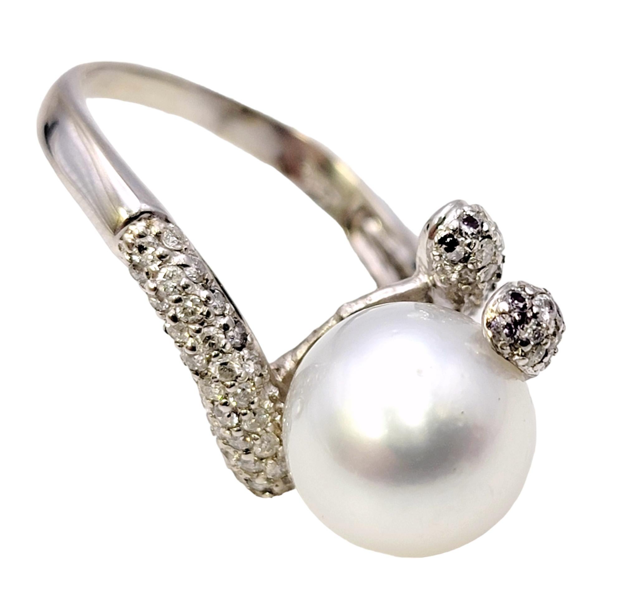 Cultured South Sea Pearl Bypass Cocktail Ring with Pave Diamonds in White Gold For Sale 4