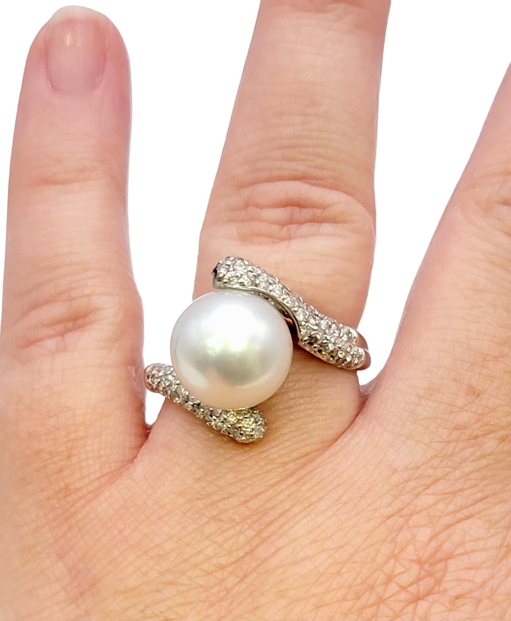 Cultured South Sea Pearl Bypass Cocktail Ring with Pave Diamonds in White Gold For Sale 6