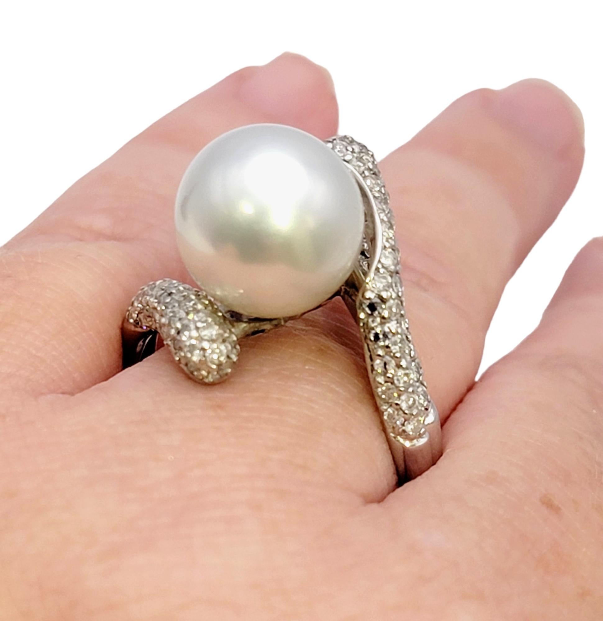 Cultured South Sea Pearl Bypass Cocktail Ring with Pave Diamonds in White Gold For Sale 7