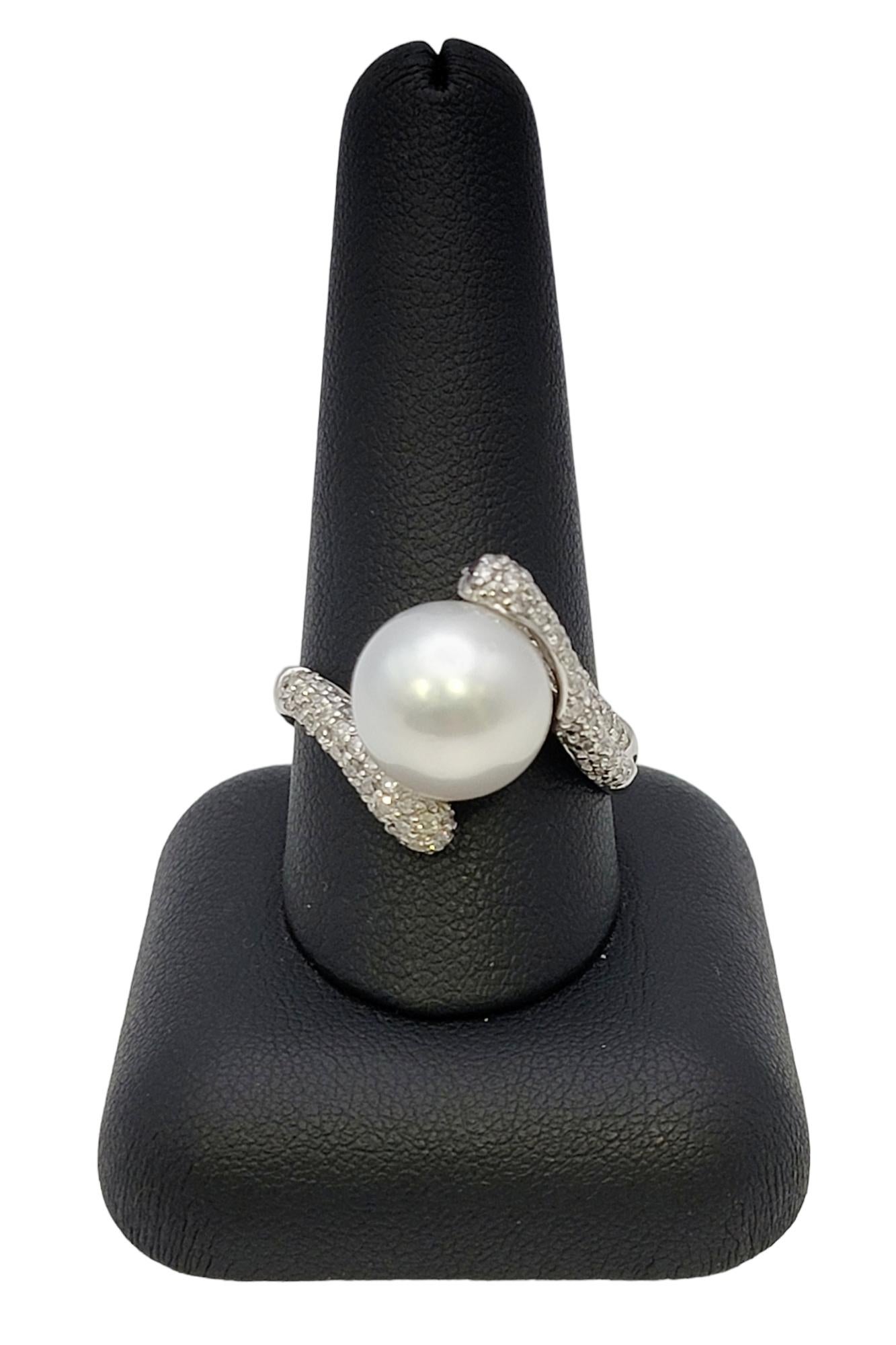 Cultured South Sea Pearl Bypass Cocktail Ring with Pave Diamonds in White Gold For Sale 8