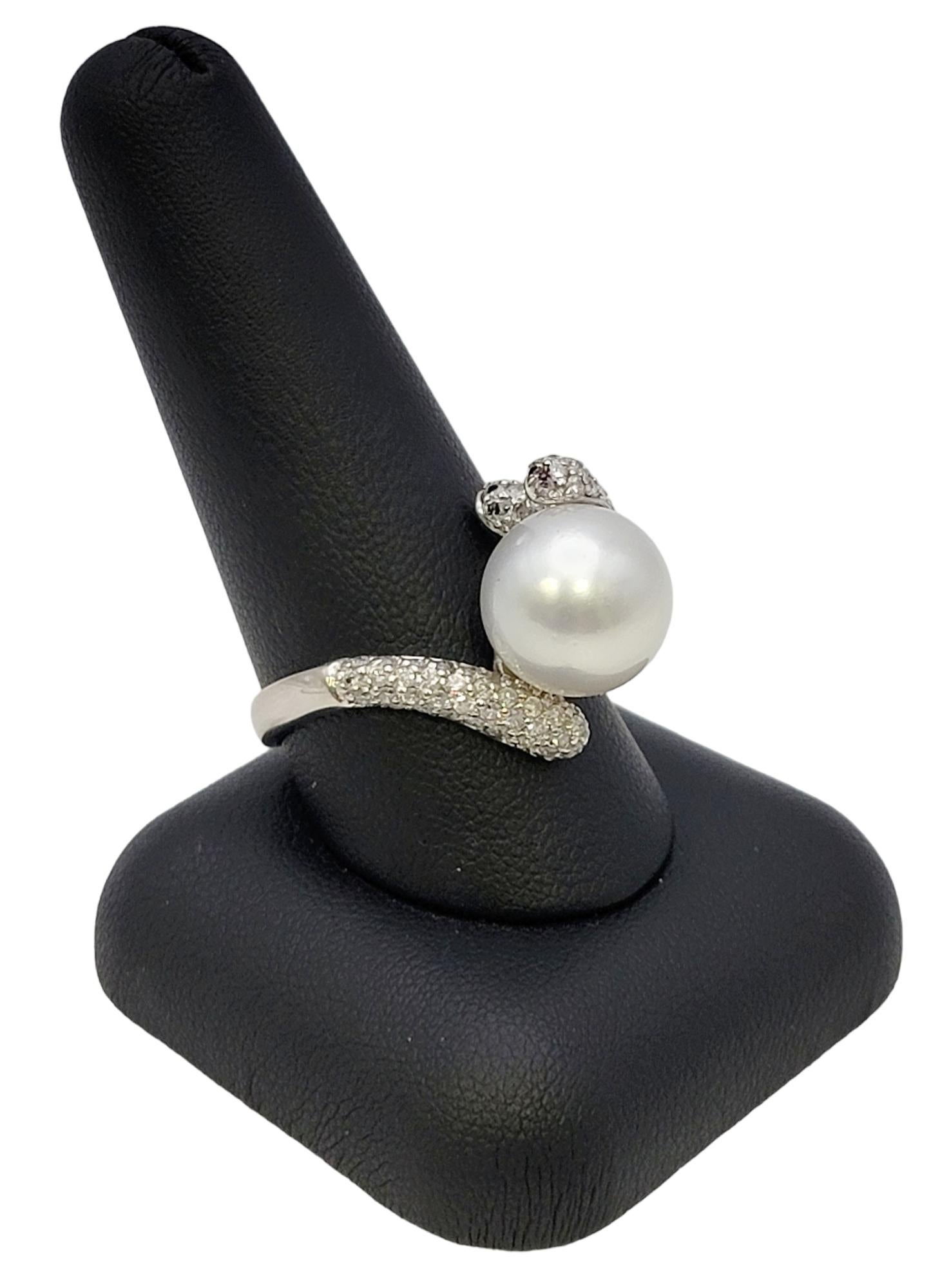 Cultured South Sea Pearl Bypass Cocktail Ring with Pave Diamonds in White Gold For Sale 9