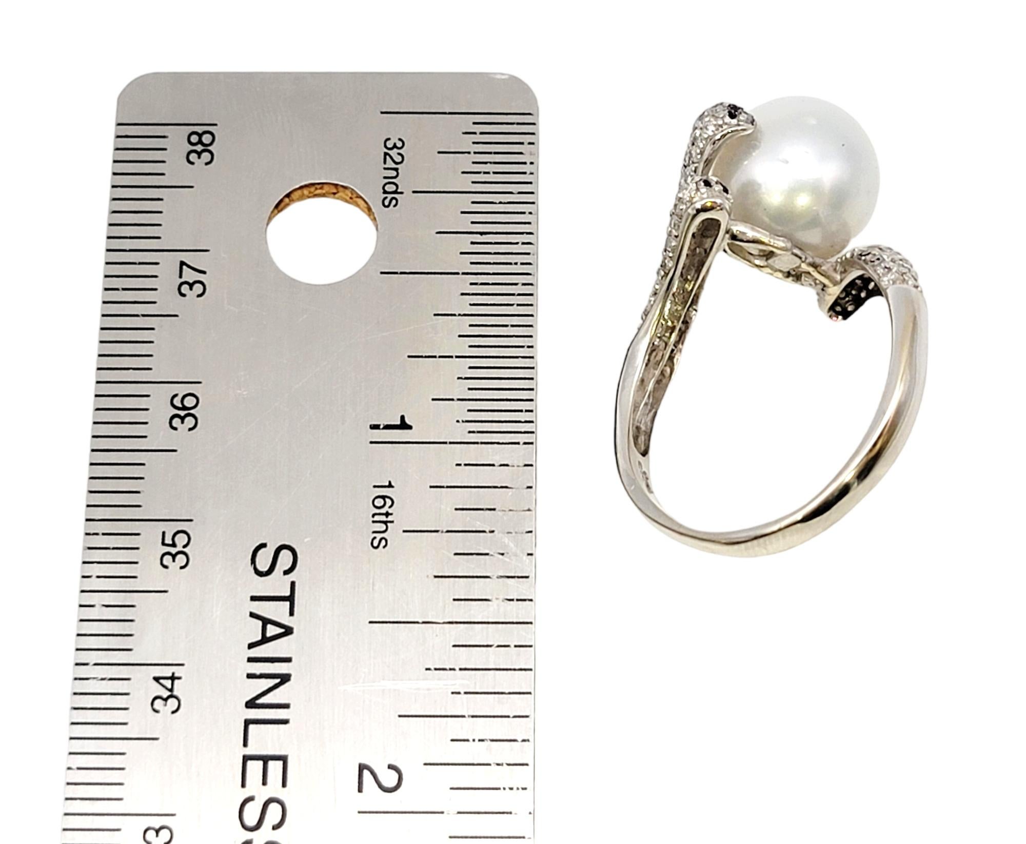 Cultured South Sea Pearl Bypass Cocktail Ring with Pave Diamonds in White Gold For Sale 10