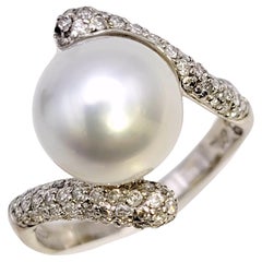 Cultured South Sea Pearl Bypass Cocktail Ring with Pave Diamonds in White Gold