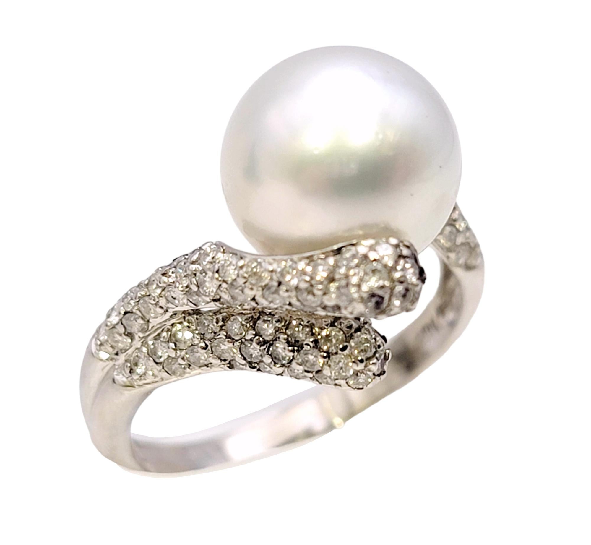 Contemporary Cultured South Sea Pearl Bypass Cocktail Ring with Pave Diamonds in White Gold For Sale