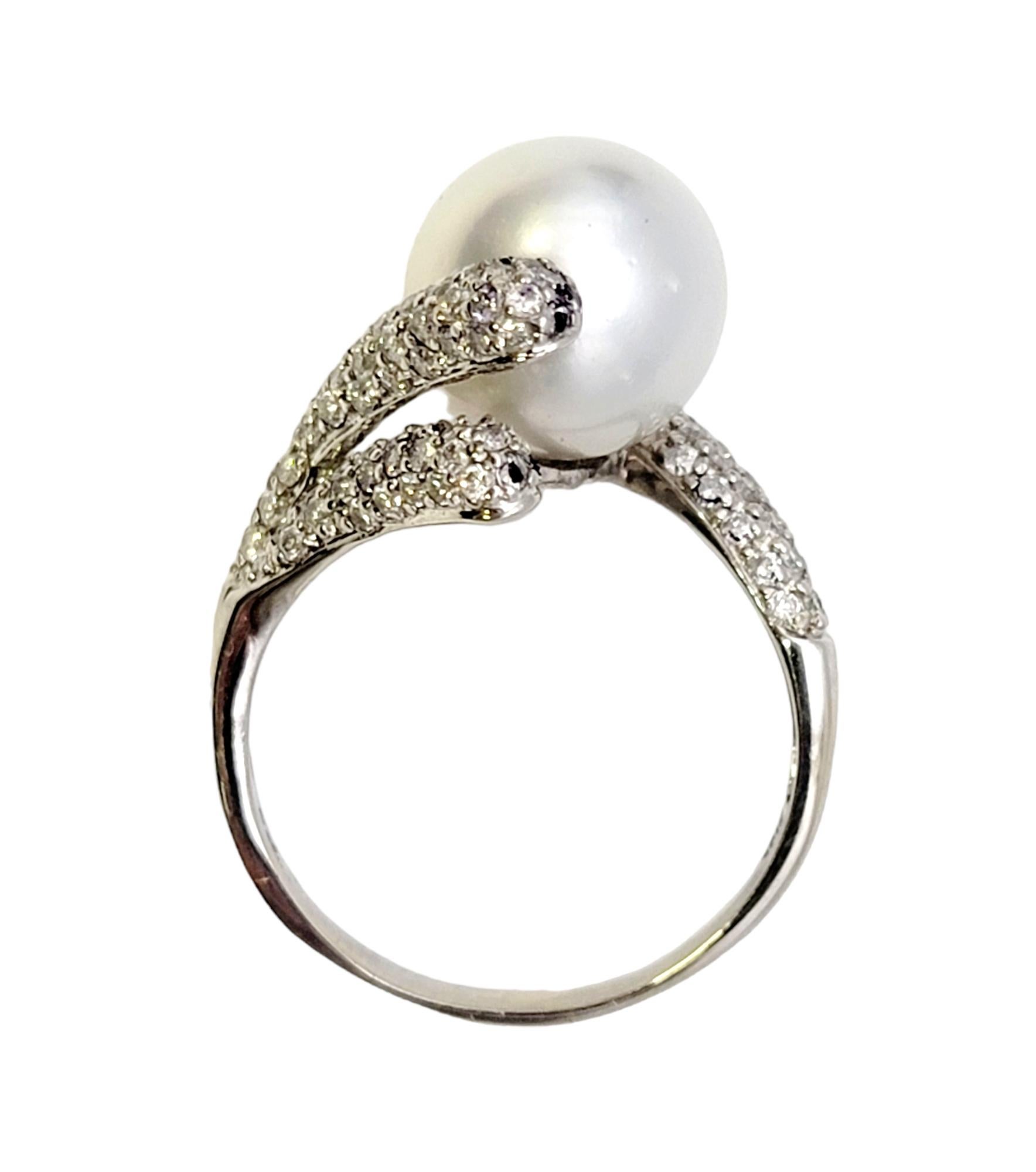 Round Cut Cultured South Sea Pearl Bypass Cocktail Ring with Pave Diamonds in White Gold For Sale