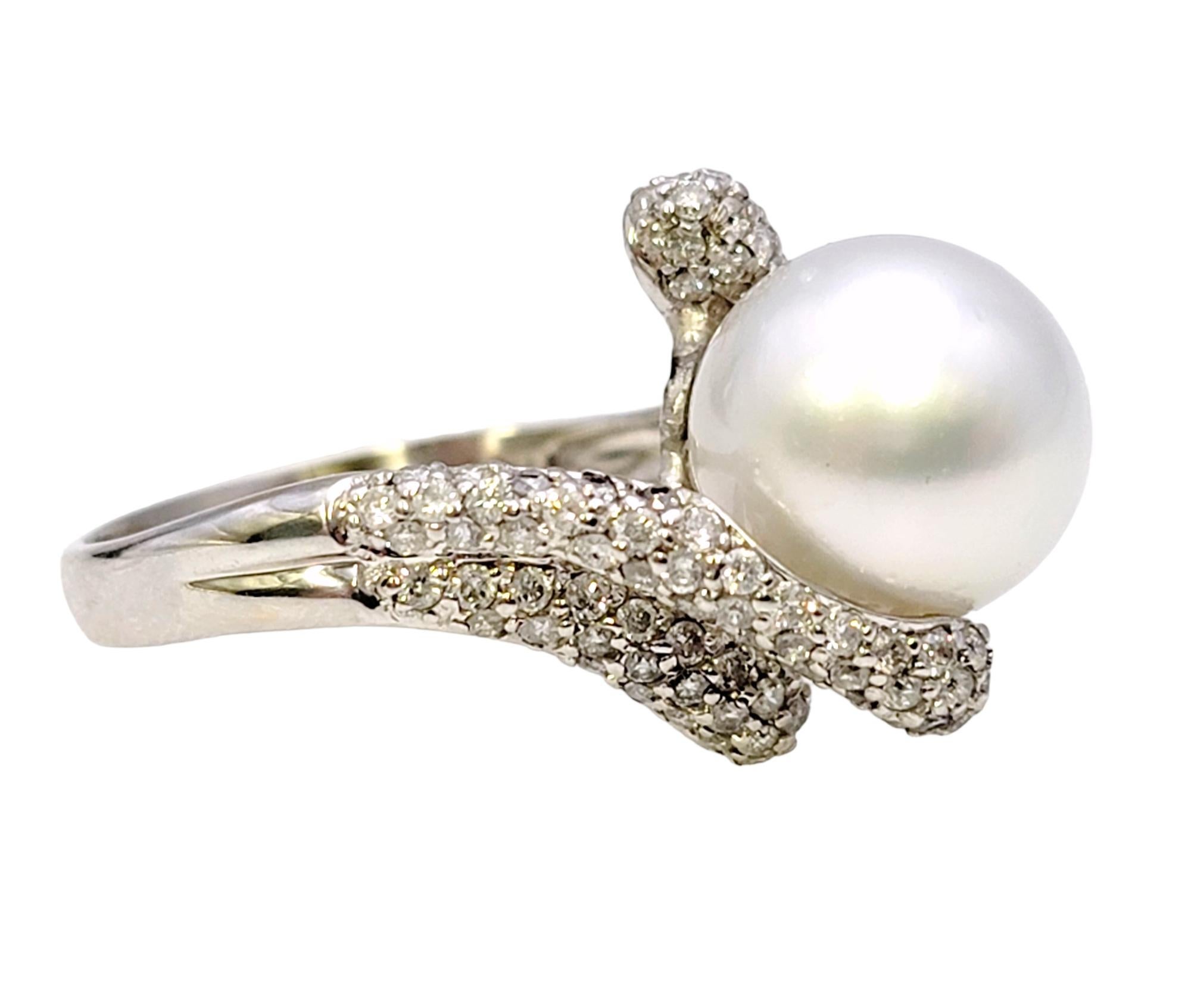 Cultured South Sea Pearl Bypass Cocktail Ring with Pave Diamonds in White Gold In Good Condition For Sale In Scottsdale, AZ