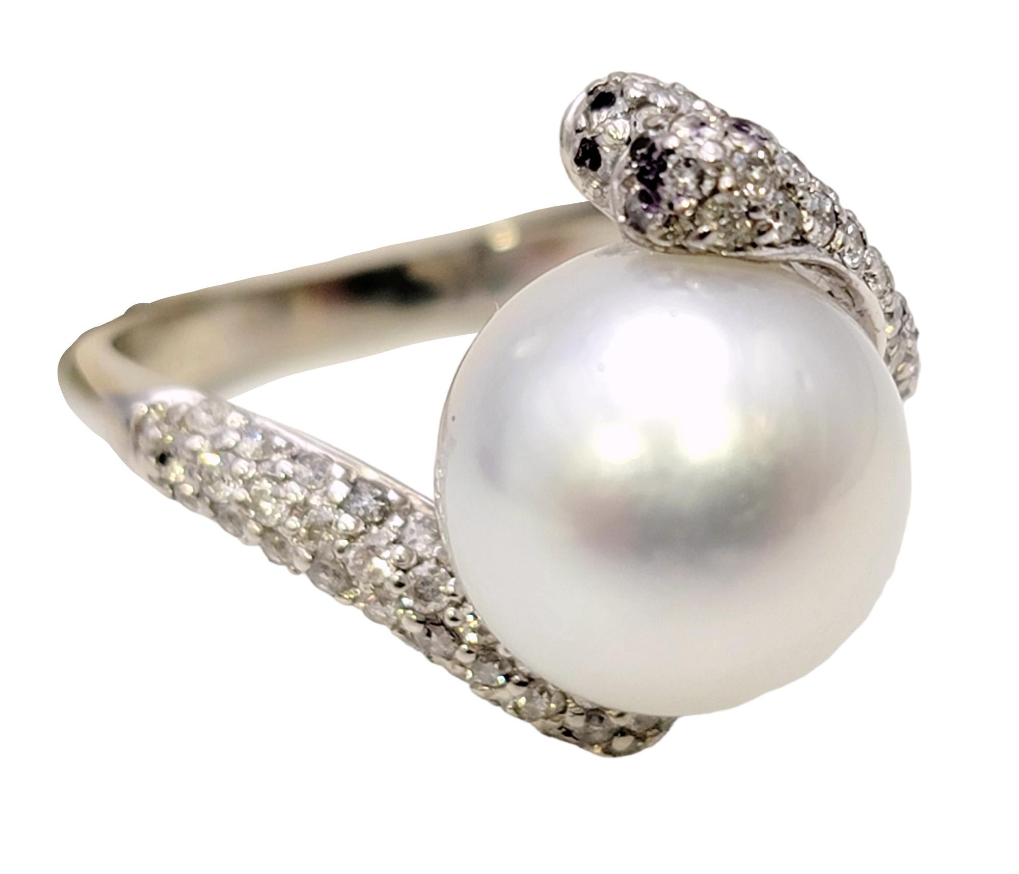 Women's Cultured South Sea Pearl Bypass Cocktail Ring with Pave Diamonds in White Gold For Sale