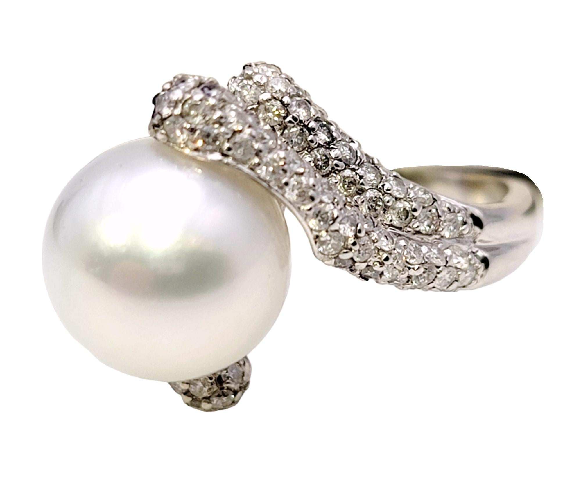 Cultured South Sea Pearl Bypass Cocktail Ring with Pave Diamonds in White Gold For Sale 1