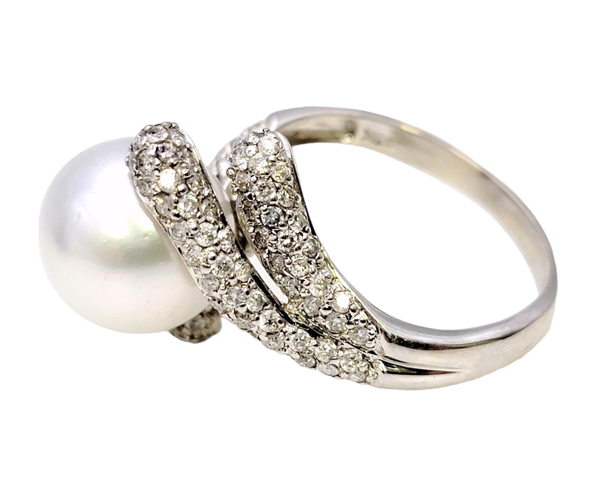 Cultured South Sea Pearl Bypass Cocktail Ring with Pave Diamonds in White Gold For Sale 2