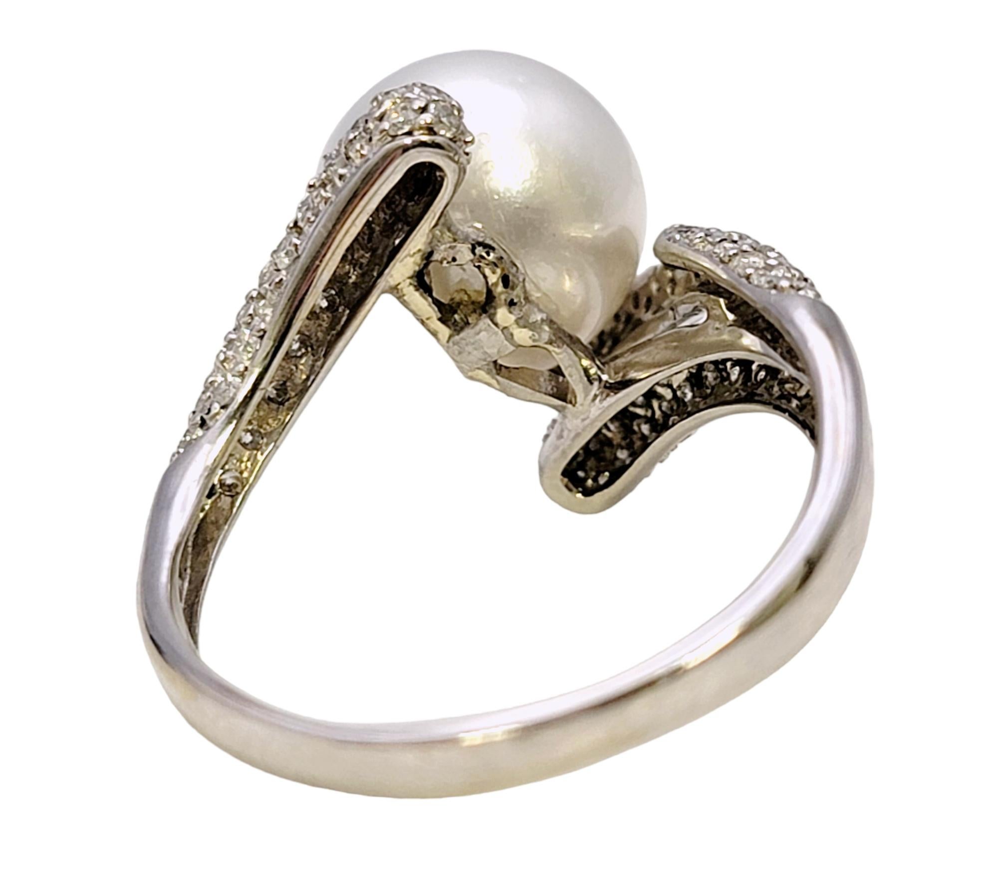 Cultured South Sea Pearl Bypass Cocktail Ring with Pave Diamonds in White Gold For Sale 3