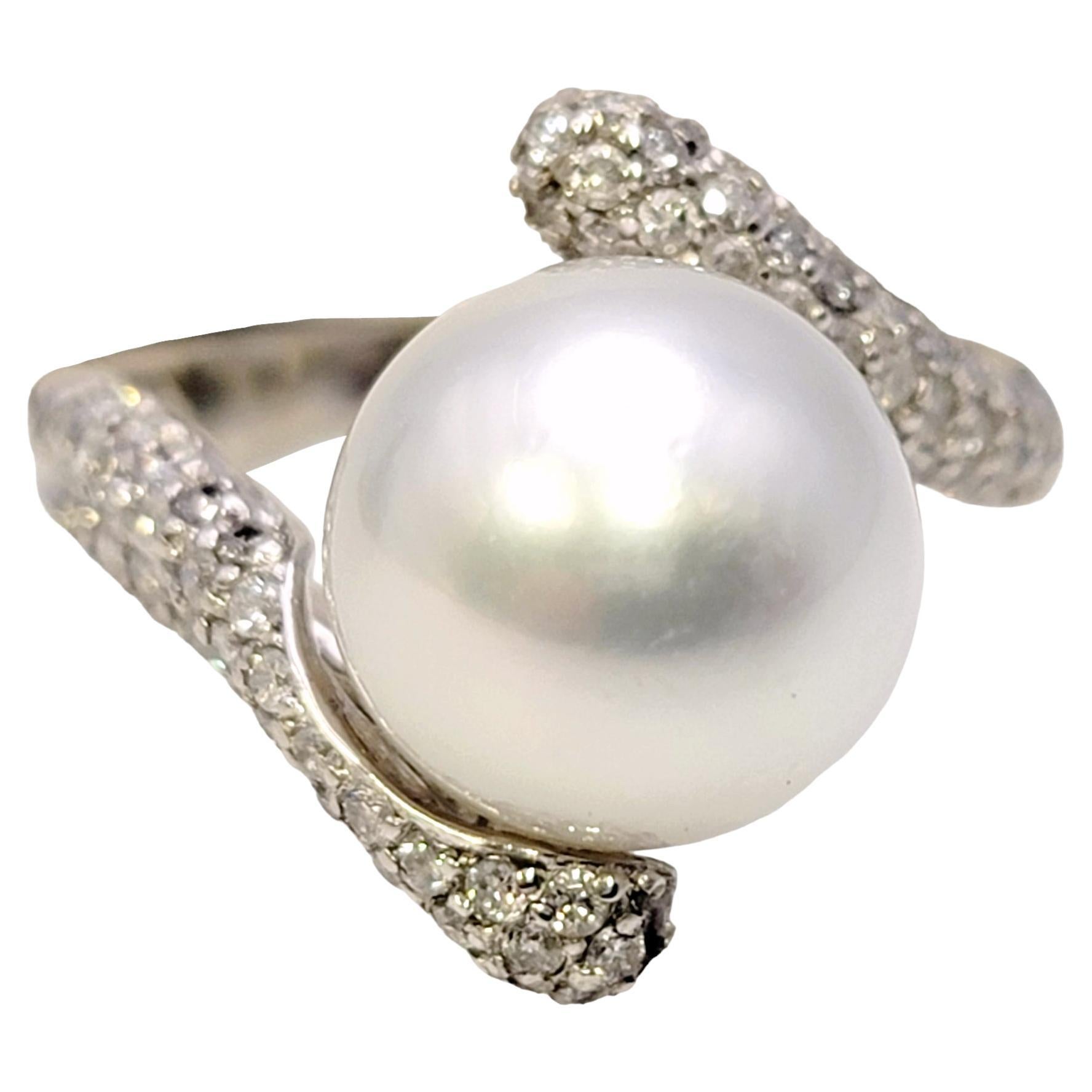 Cultured South Sea Pearl Bypass Cocktail Ring with Pave Diamonds in White Gold For Sale