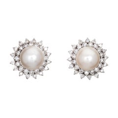 Cultured South Sea Pearl Earrings 0.94ct Diamond Vintage 14k Gold Round Stud
