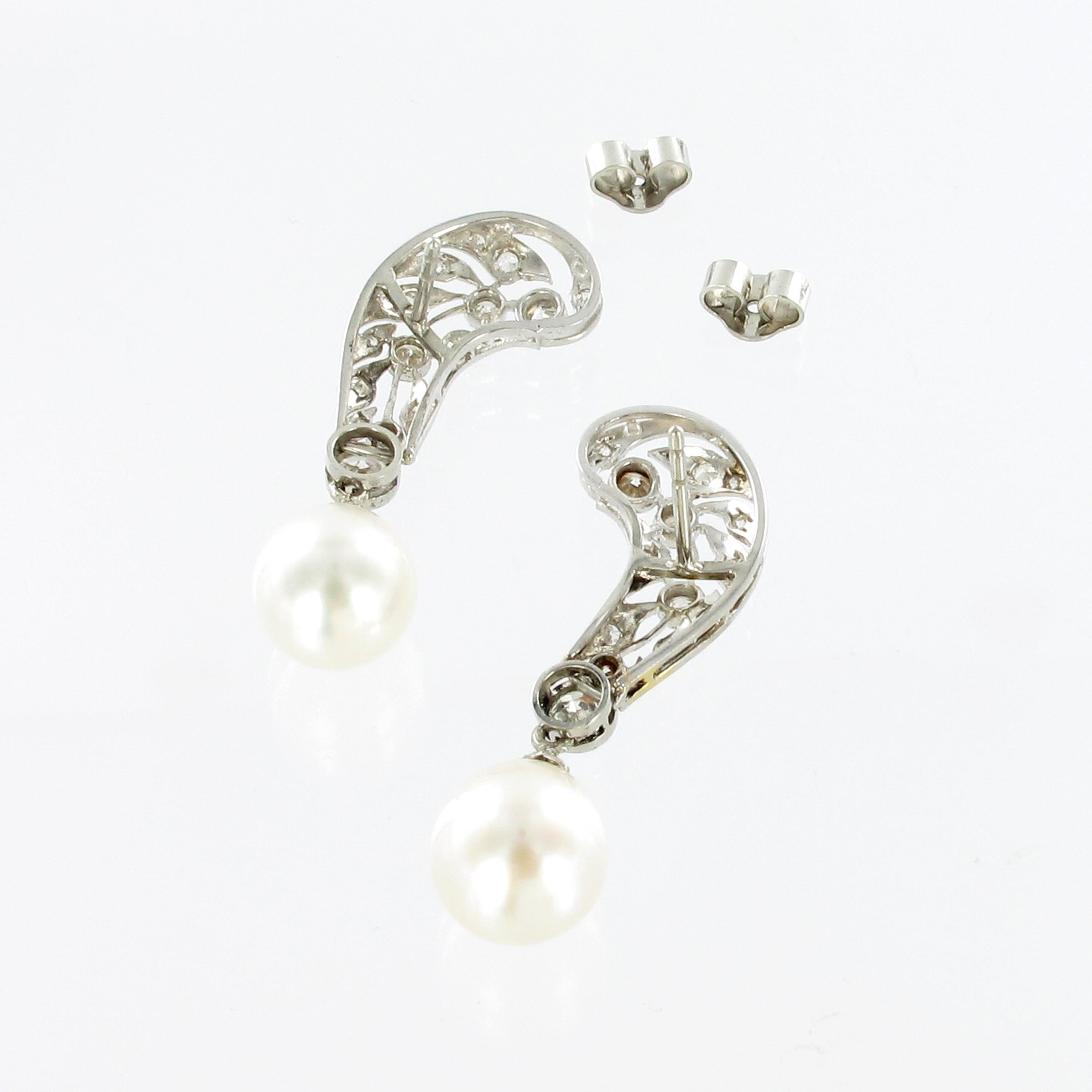 Old European Cut Cultured South Sea Pearls and Diamond Earrings in Platinum For Sale