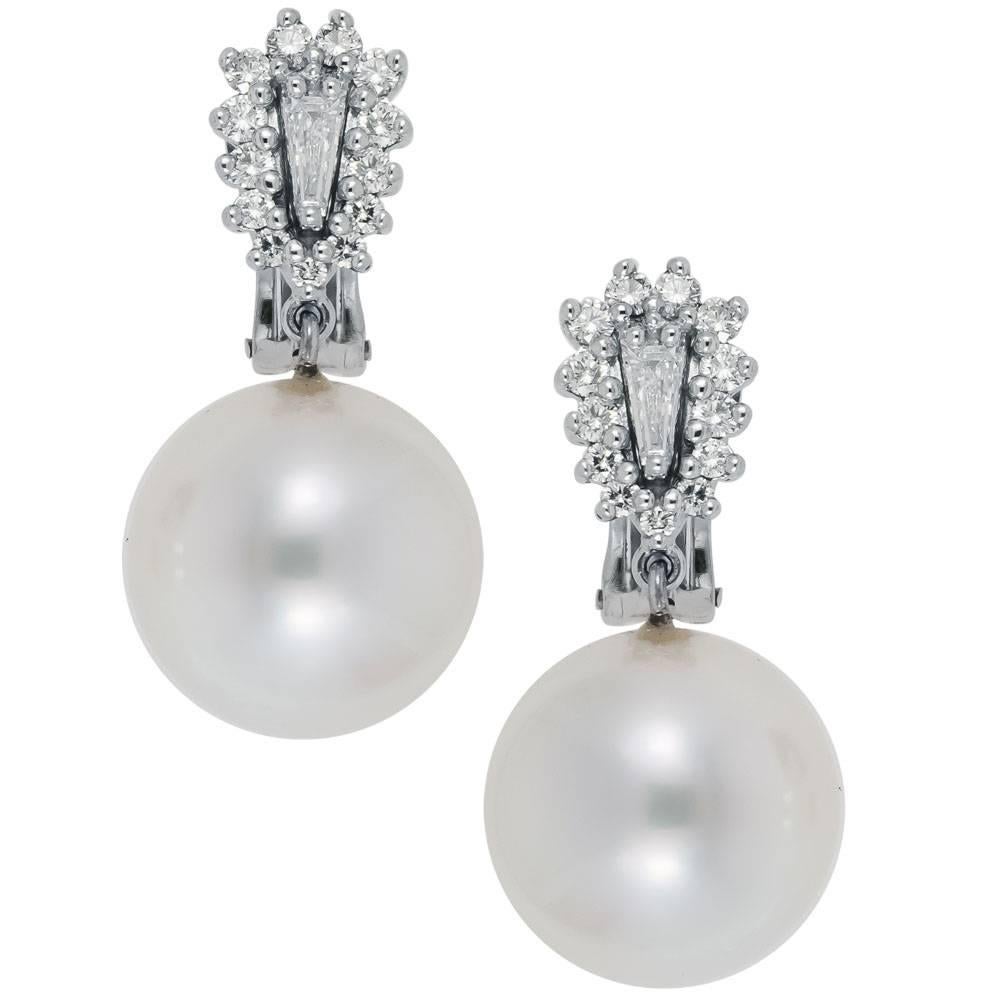 Cultured South Seas Pearl and Diamond Drop Earrings For Sale