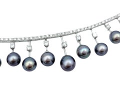 Cultured Tahitian Black Pearl and Diamond Choker Necklace in 18 Karat White Gold