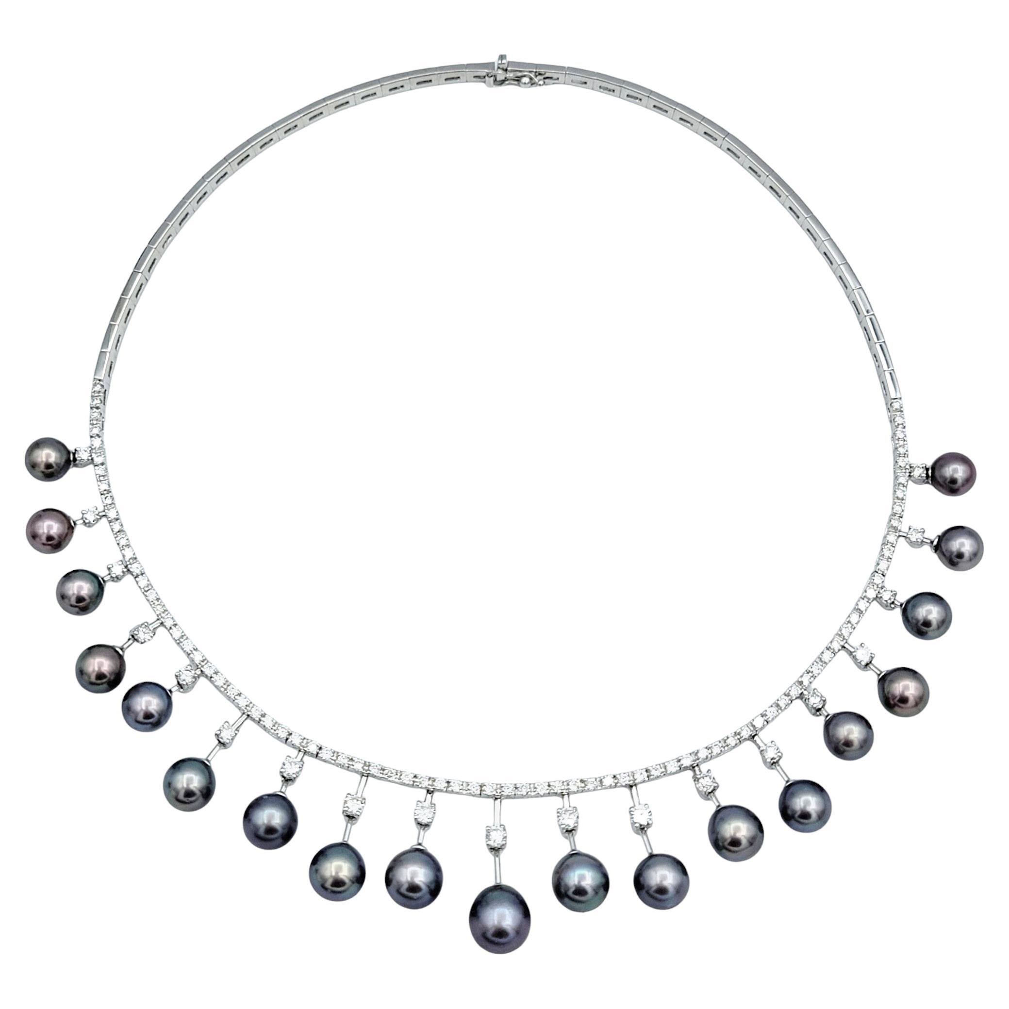 Cultured Tahitian Black Pearl and Diamond Choker Necklace in 18 Karat White Gold