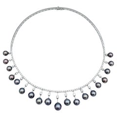 Cultured Tahitian Black Pearl and Diamond Choker Necklace in 18 Karat White Gold