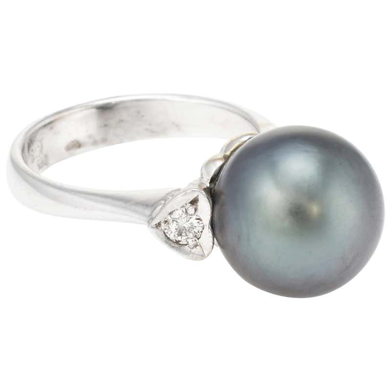 Cultured Tahitian Black Pearl Diamond Heart Ring For Sale at 1stDibs