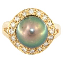 Cultured Tahitian Pearl and Diamond Halo Ring in 14K Yellow Gold