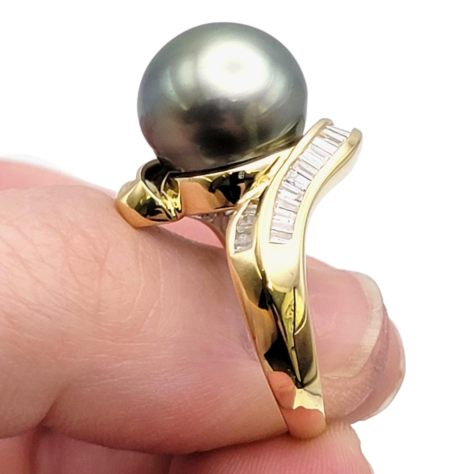 Cultured Tahitian Pearl Bypass Gold Cocktail Ring with Baguette Diamond Accent For Sale 4