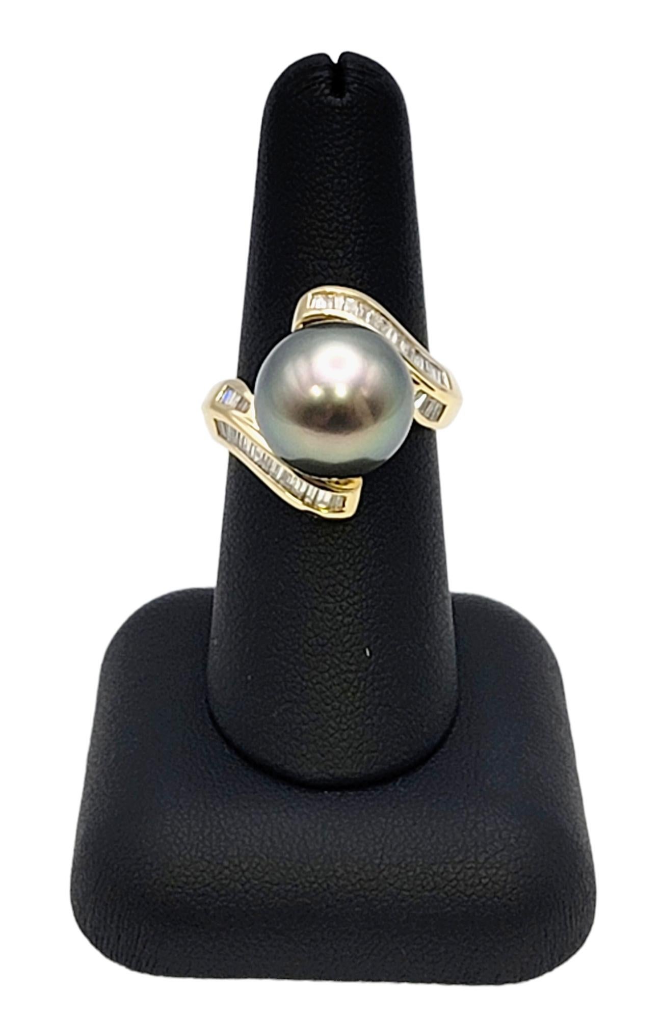 Cultured Tahitian Pearl Bypass Gold Cocktail Ring with Baguette Diamond Accent For Sale 6