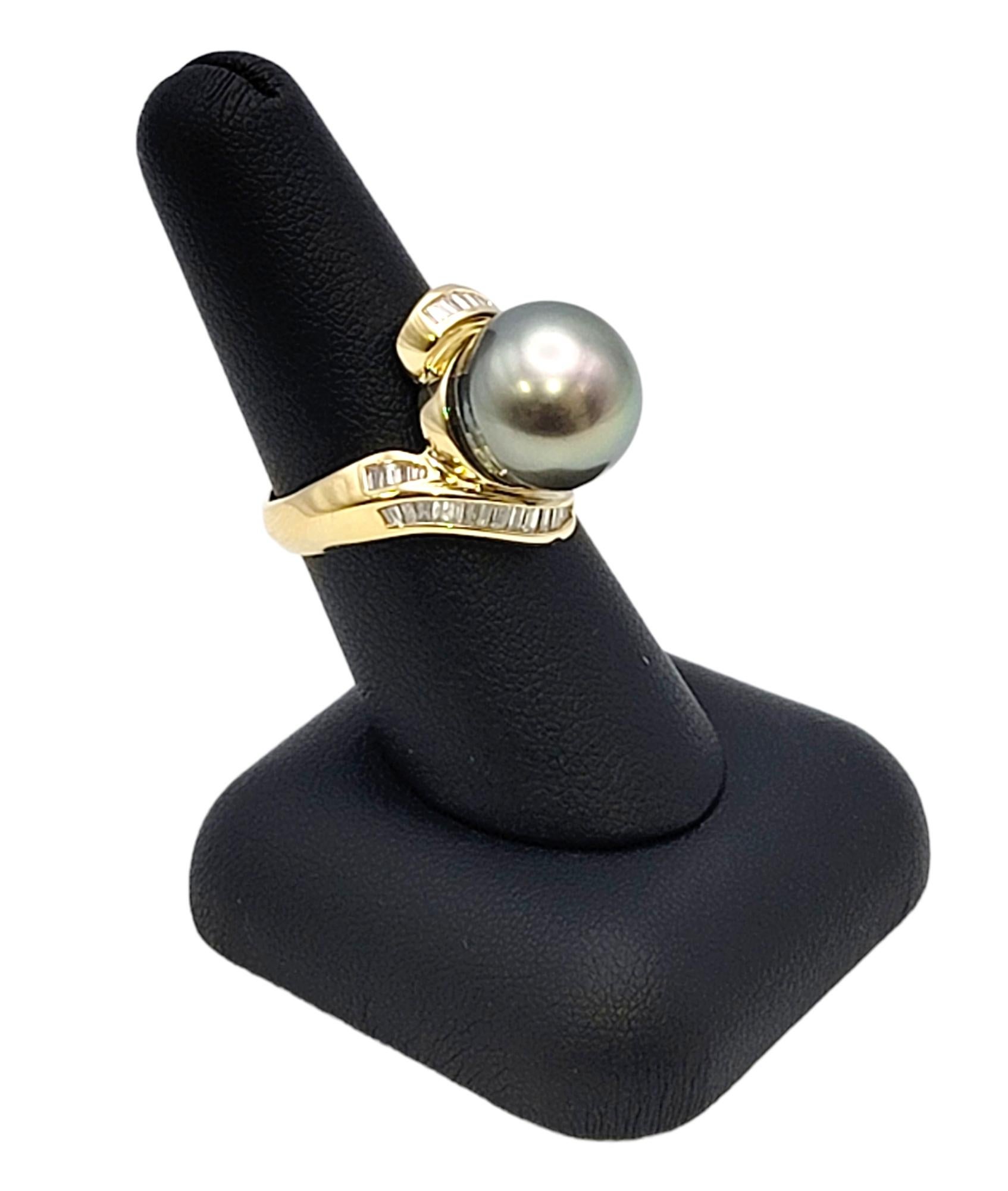 Cultured Tahitian Pearl Bypass Gold Cocktail Ring with Baguette Diamond Accent For Sale 7