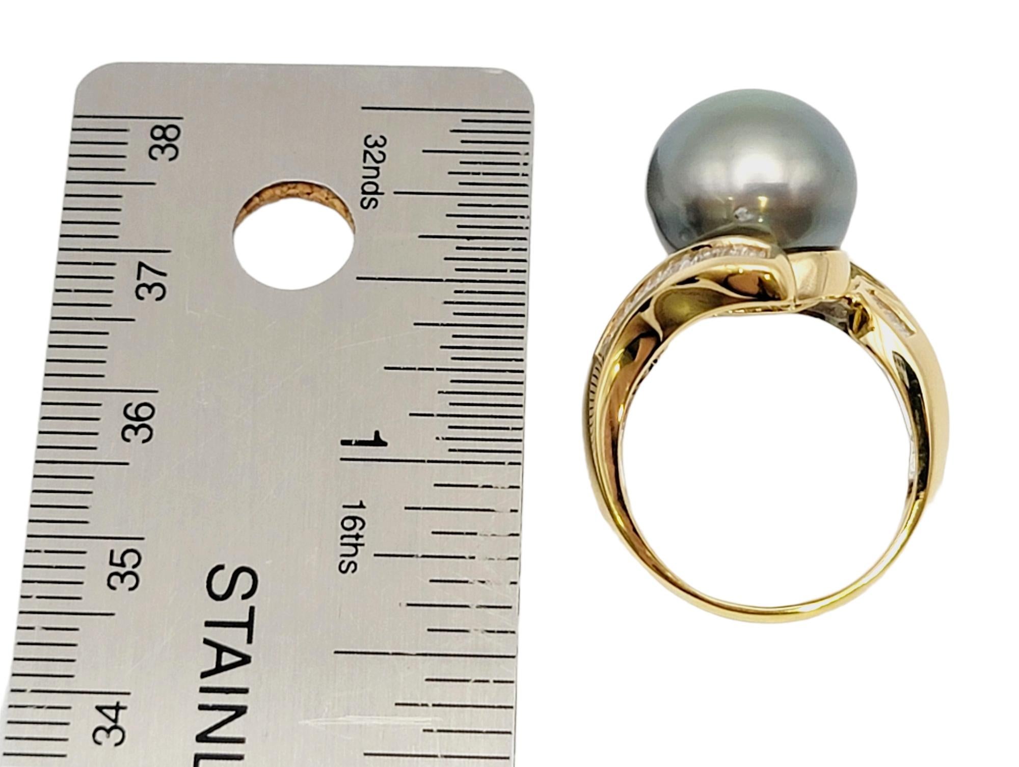 Cultured Tahitian Pearl Bypass Gold Cocktail Ring with Baguette Diamond Accent For Sale 8