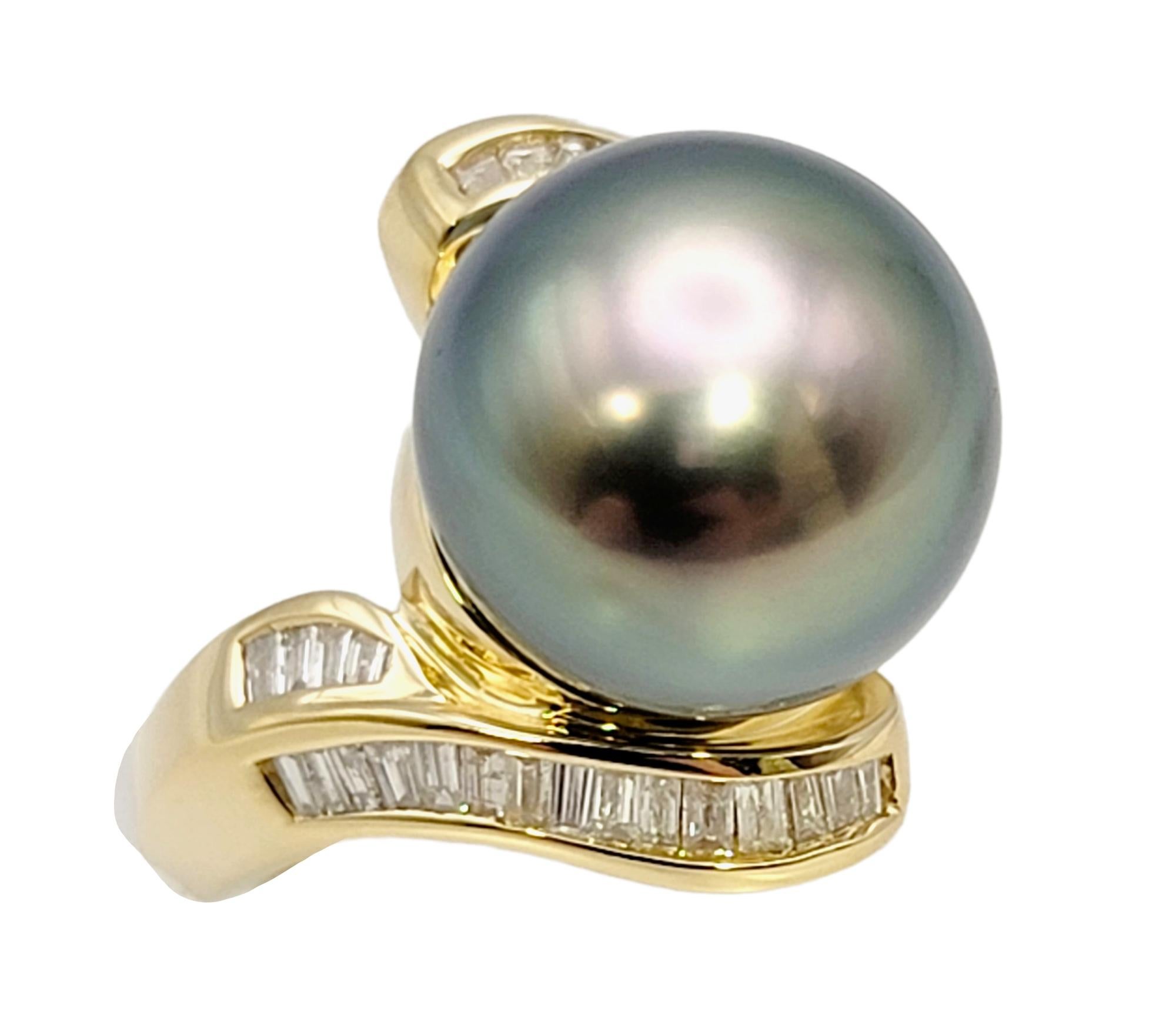 Ring size: 7.5

Sophisticated and elegant Tahitian pearl and diamond statement ring. The incredible, round peacock colored 13 mm pearl sits high at the center, demanding the viewers attention. Gently wrapping the base of the pearl in a modern bypass