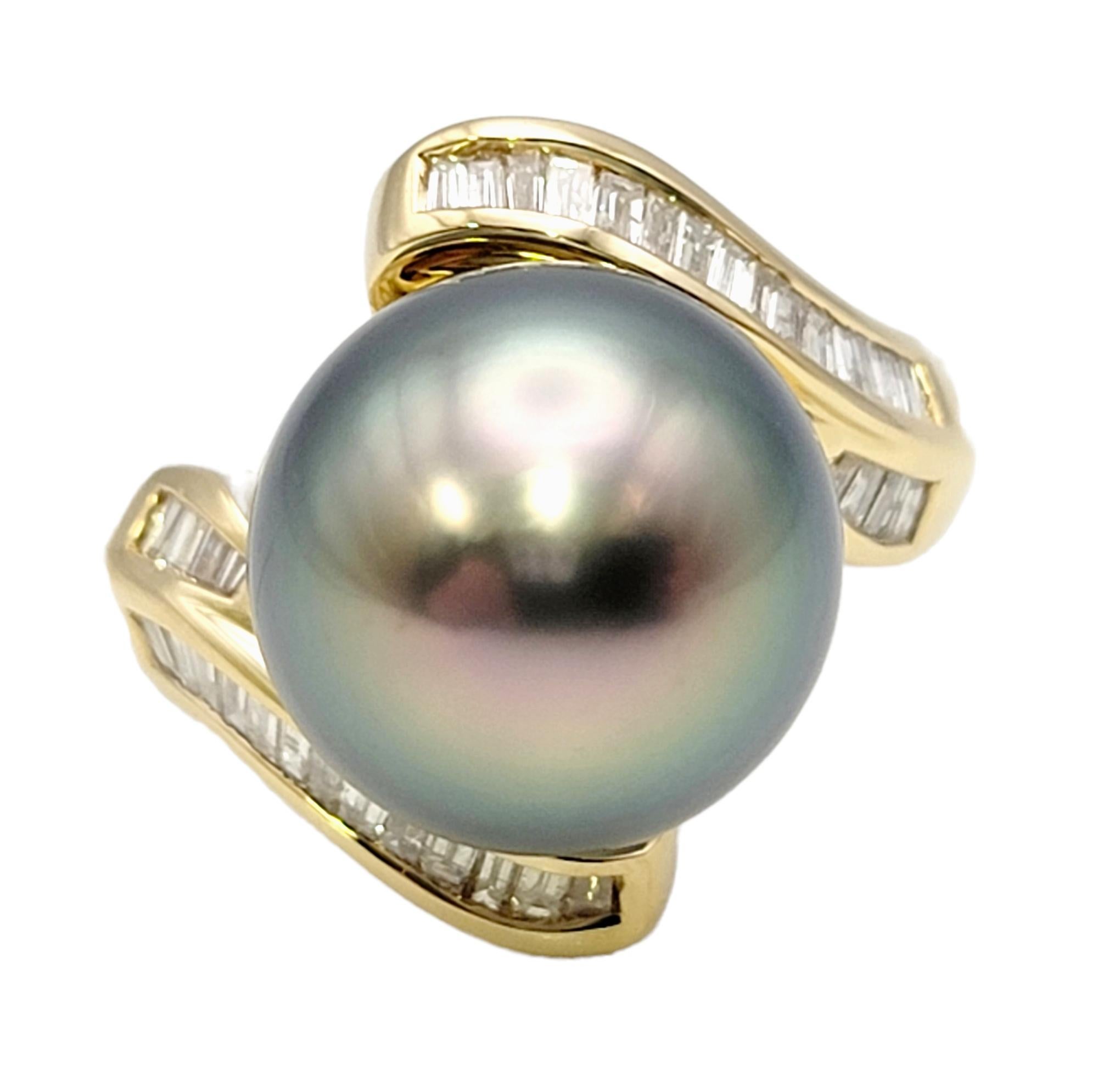 Contemporary Cultured Tahitian Pearl Bypass Gold Cocktail Ring with Baguette Diamond Accent For Sale