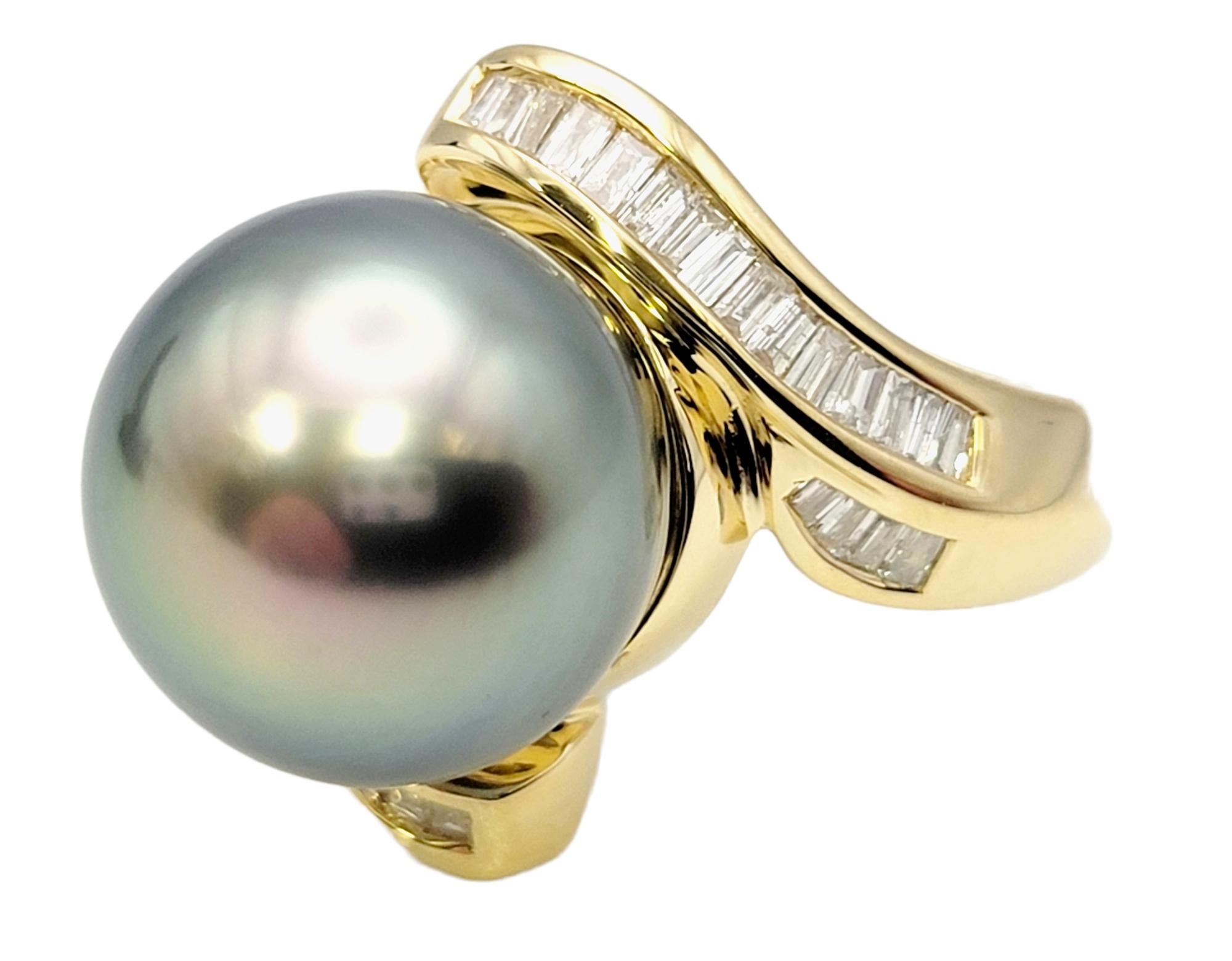 Baguette Cut Cultured Tahitian Pearl Bypass Gold Cocktail Ring with Baguette Diamond Accent For Sale