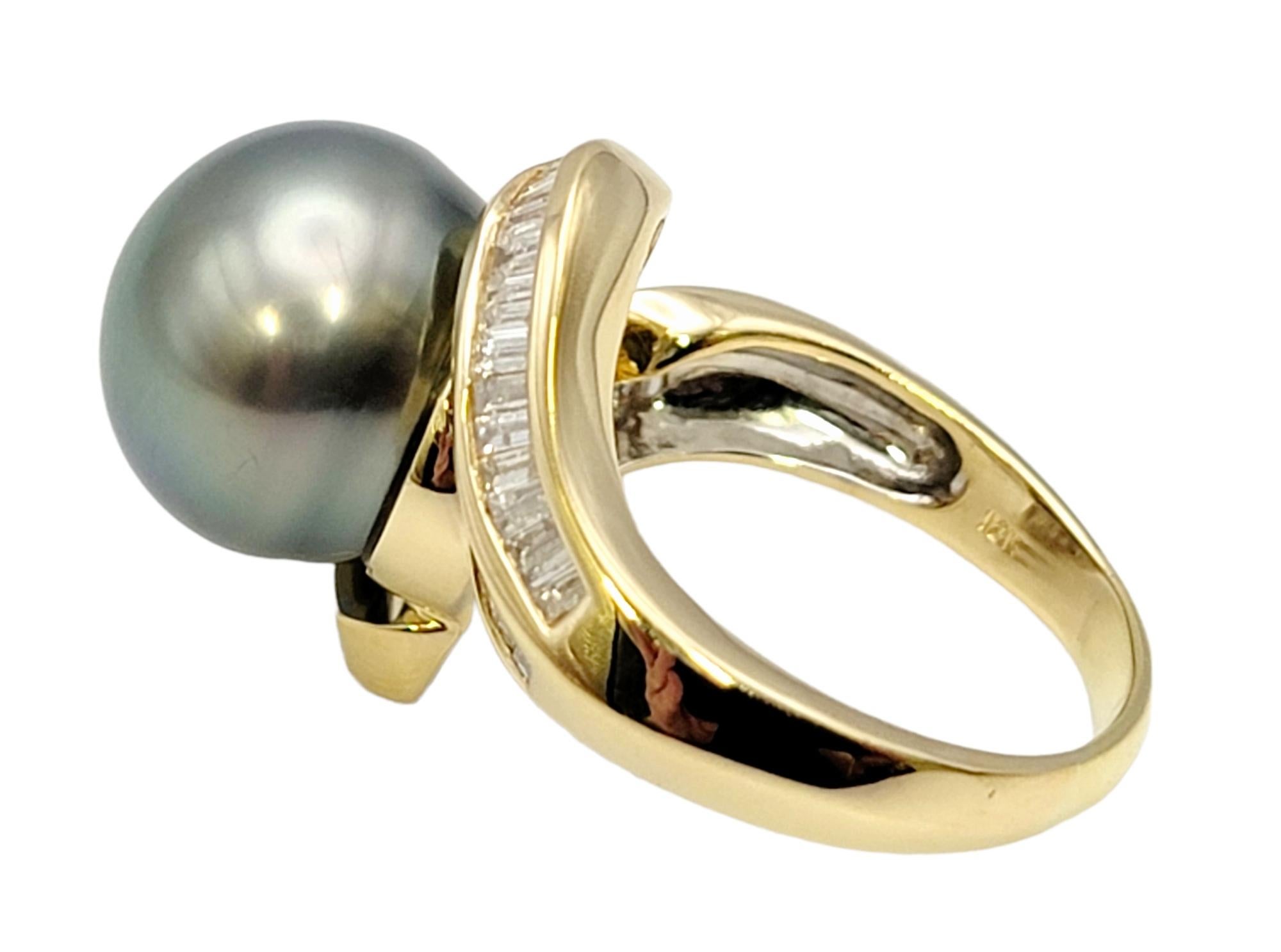 Cultured Tahitian Pearl Bypass Gold Cocktail Ring with Baguette Diamond Accent In Good Condition For Sale In Scottsdale, AZ