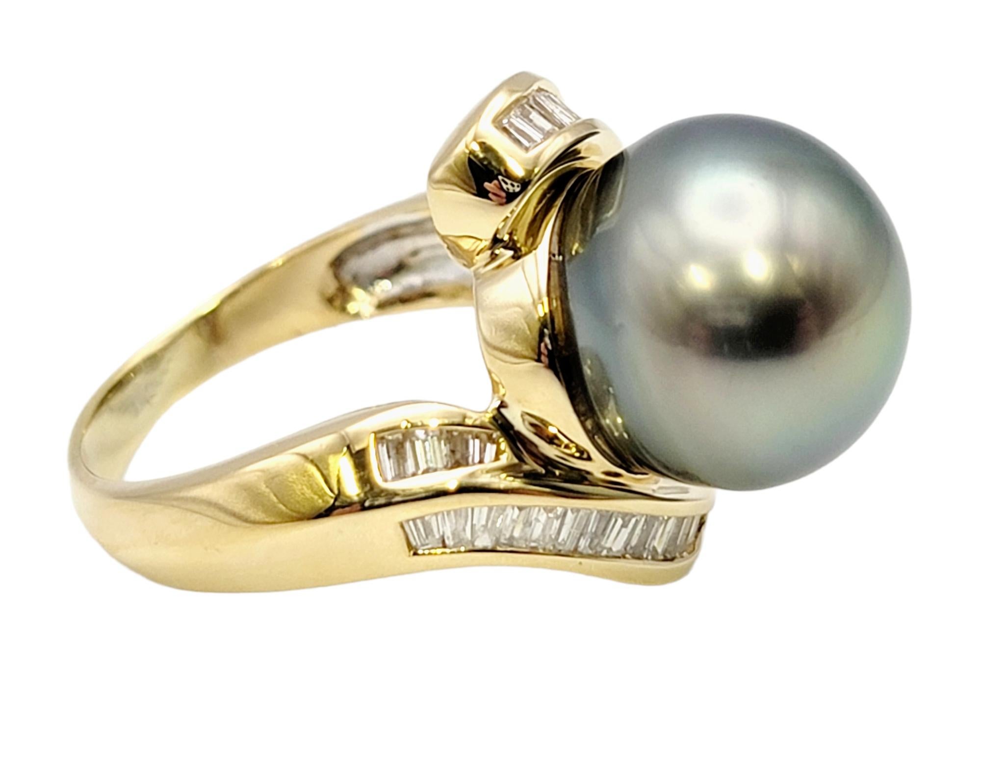 Women's Cultured Tahitian Pearl Bypass Gold Cocktail Ring with Baguette Diamond Accent For Sale