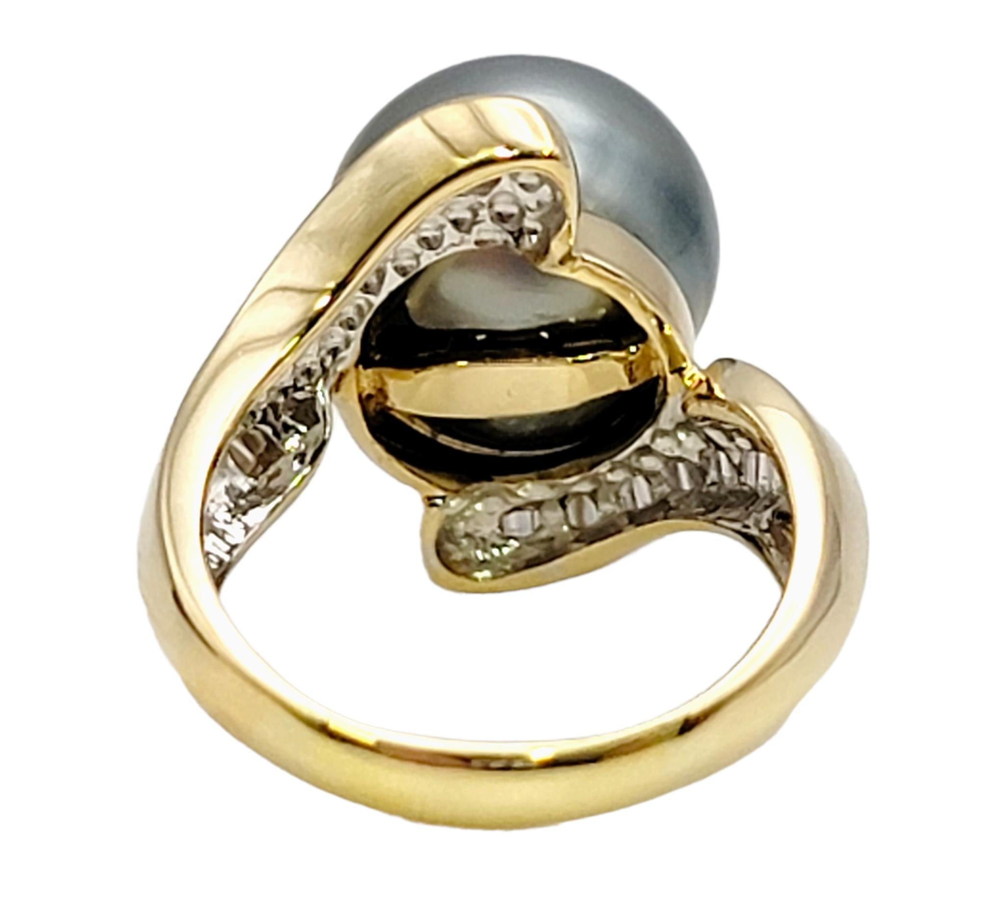 Cultured Tahitian Pearl Bypass Gold Cocktail Ring with Baguette Diamond Accent For Sale 1
