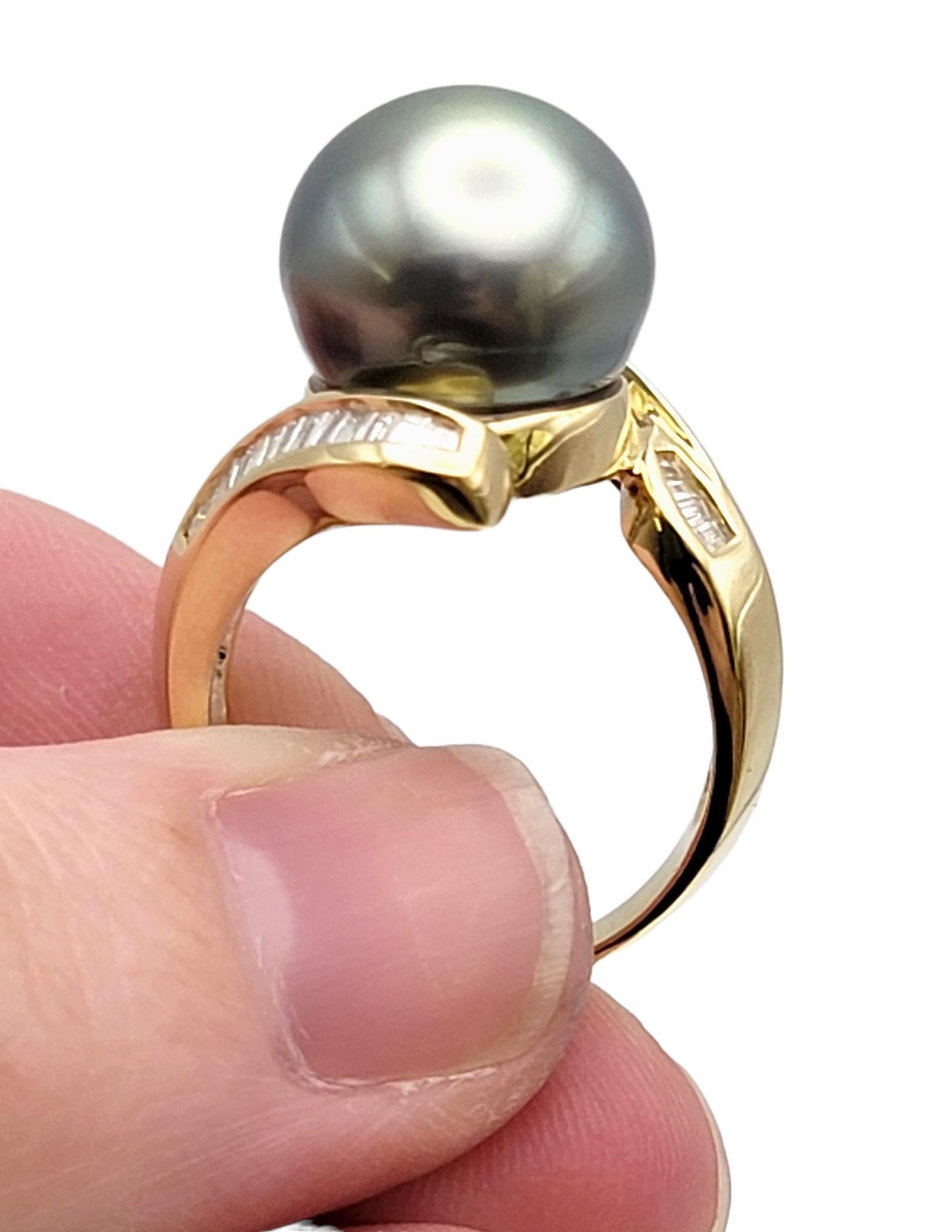Cultured Tahitian Pearl Bypass Gold Cocktail Ring with Baguette Diamond Accent For Sale 3