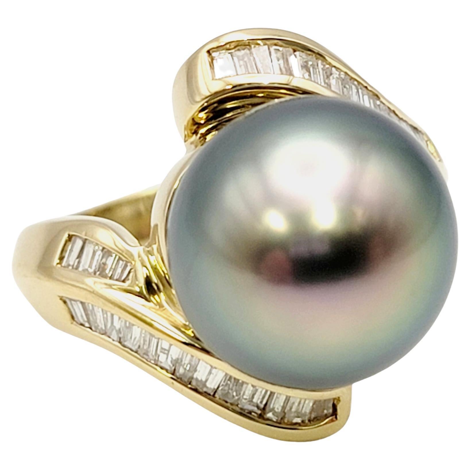 Cultured Tahitian Pearl Bypass Gold Cocktail Ring with Baguette Diamond Accent