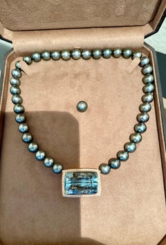 Cultured Tahitian Pearl Necklace with Aquamarine Diamond Pendant