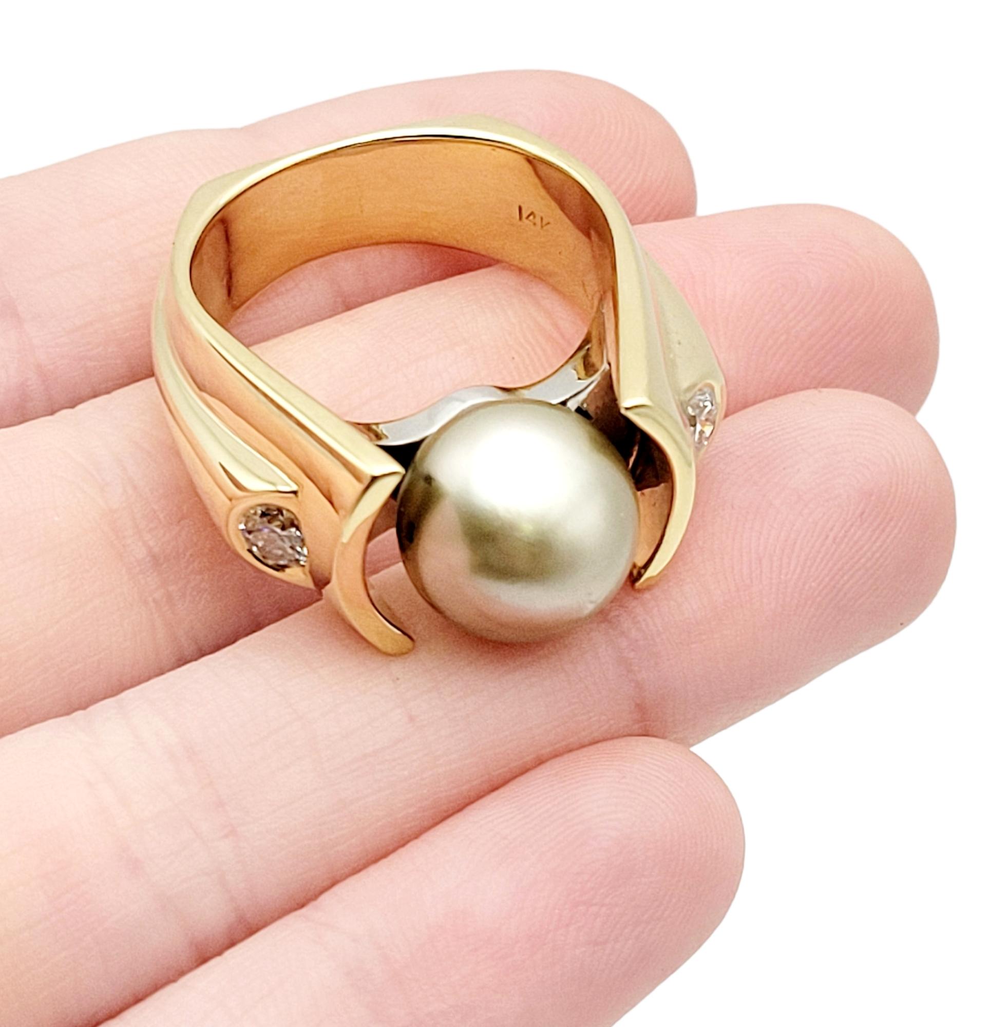 Anello cocktail con perla di Tahiti coltivata e diamante tondo brillante in oro 14 carati in vendita 8