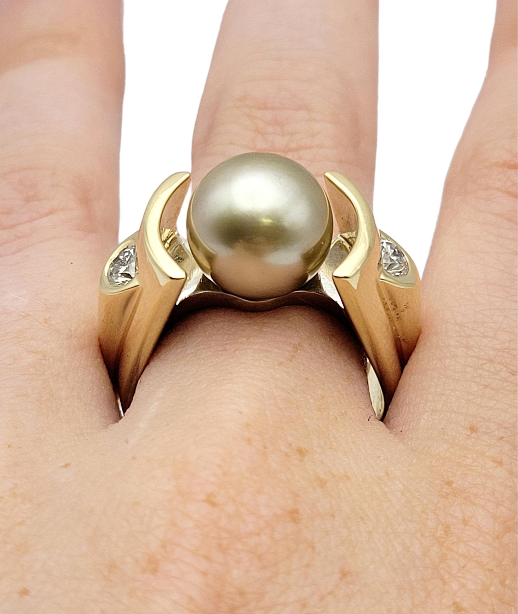 Cultured Tahitian Pearl & Round Brilliant Diamond Cocktail Ring in 14 Karat Gold For Sale 9