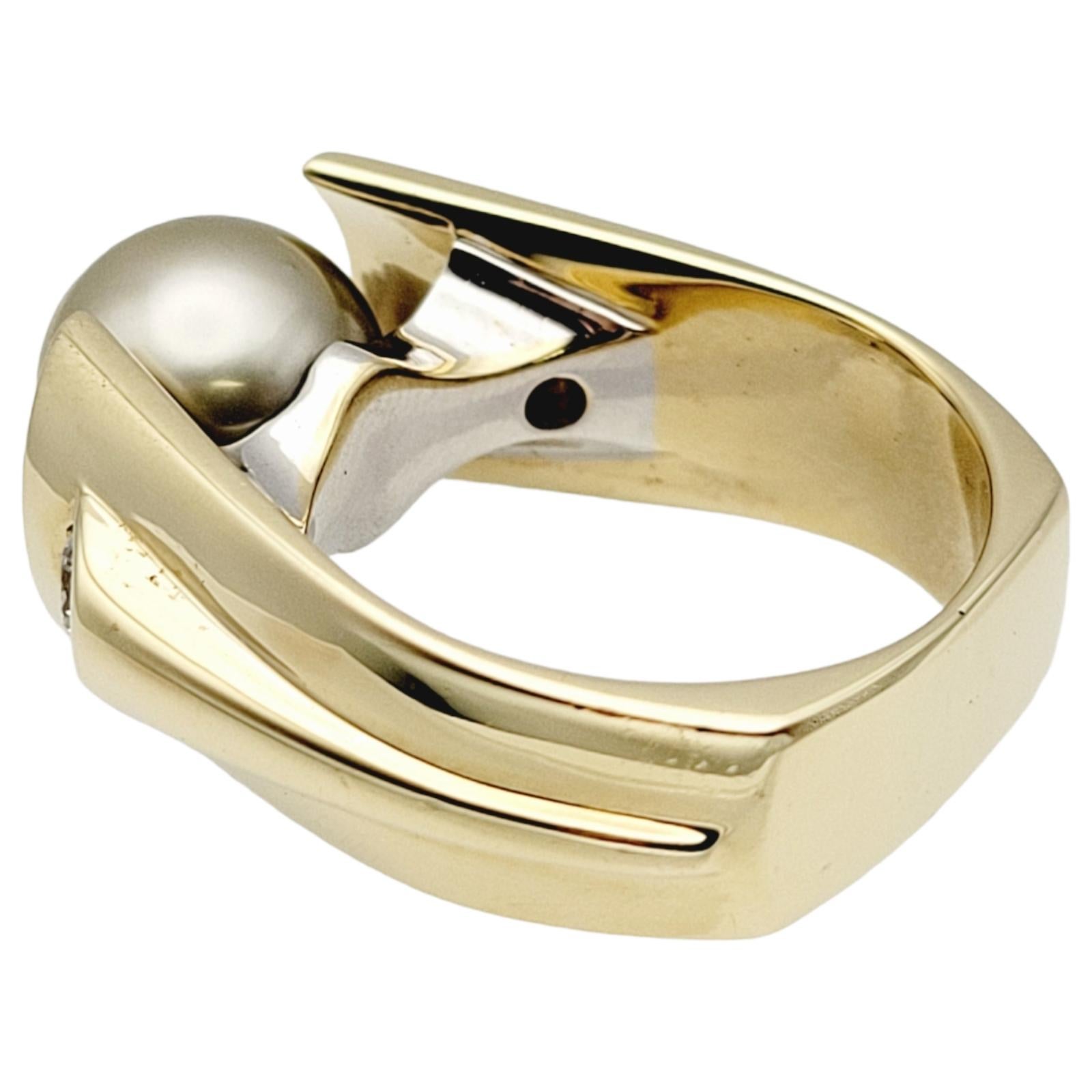 Round Cut Cultured Tahitian Pearl & Round Brilliant Diamond Cocktail Ring in 14 Karat Gold For Sale