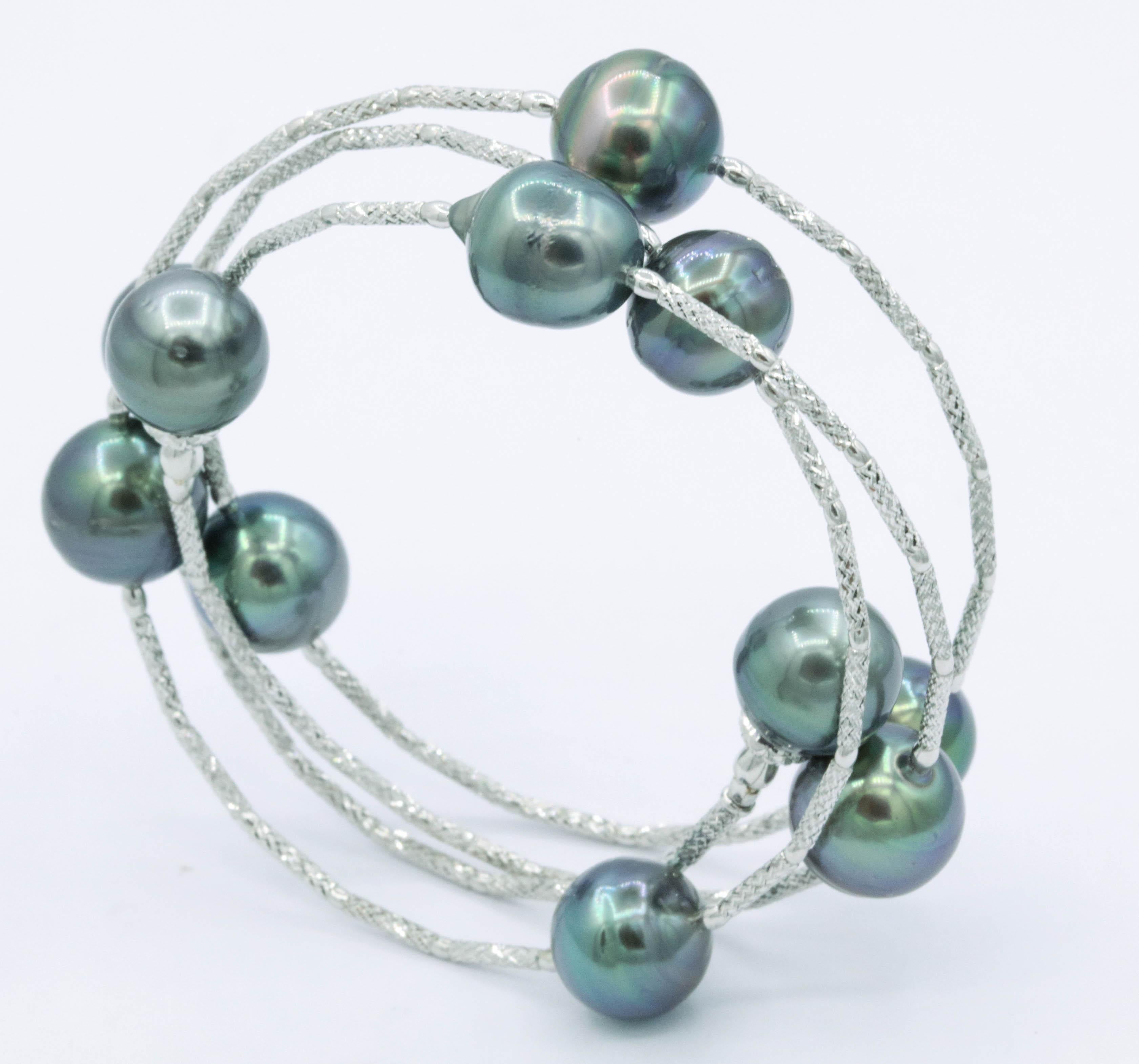 Round Cut Cultured Tahitian Pearls Wrap Around Flexible Bracelet