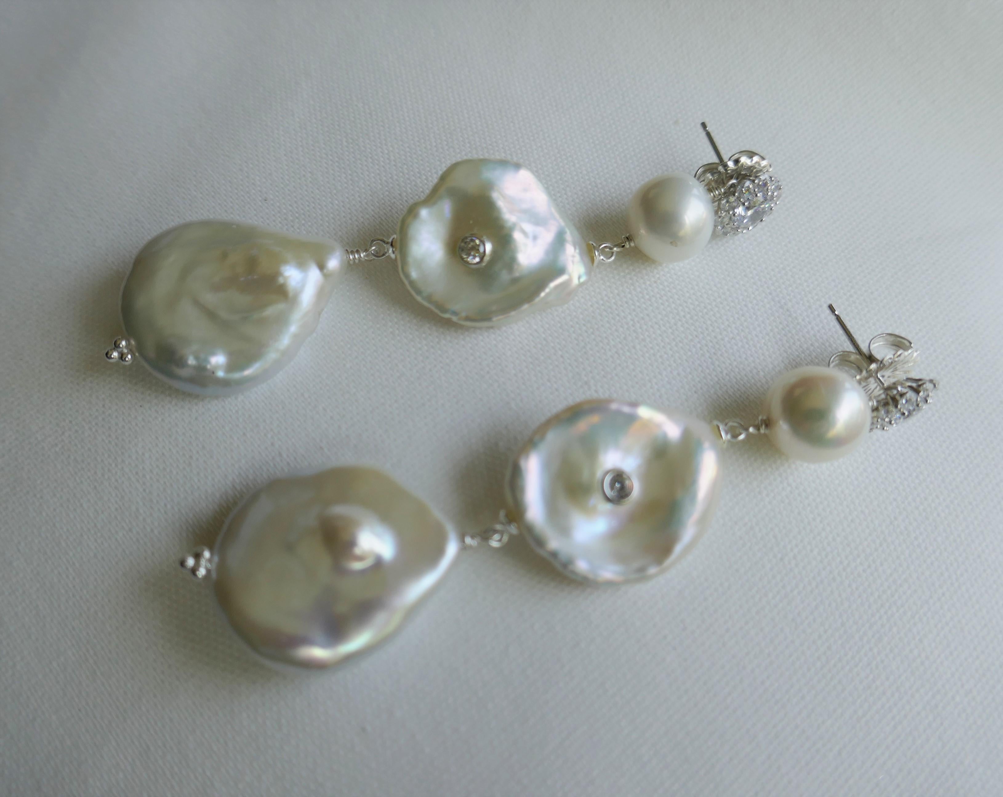 Cultured White Keshi Pearls Pearls Cubic Zirconia 925 Sterling Silver Earrings In New Condition In Coral Gables, FL