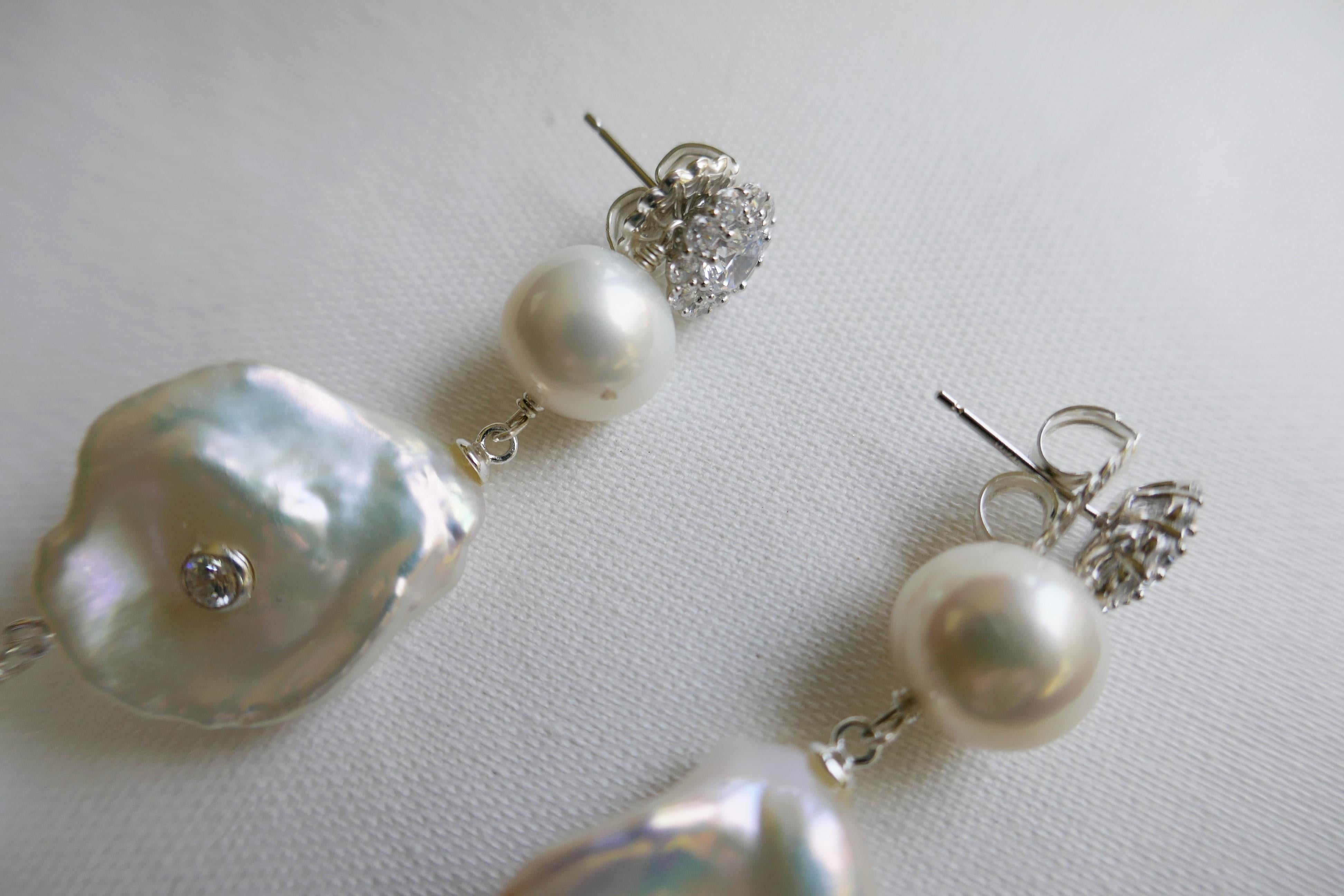 Women's or Men's Cultured White Keshi Pearls Pearls Cubic Zirconia 925 Sterling Silver Earrings