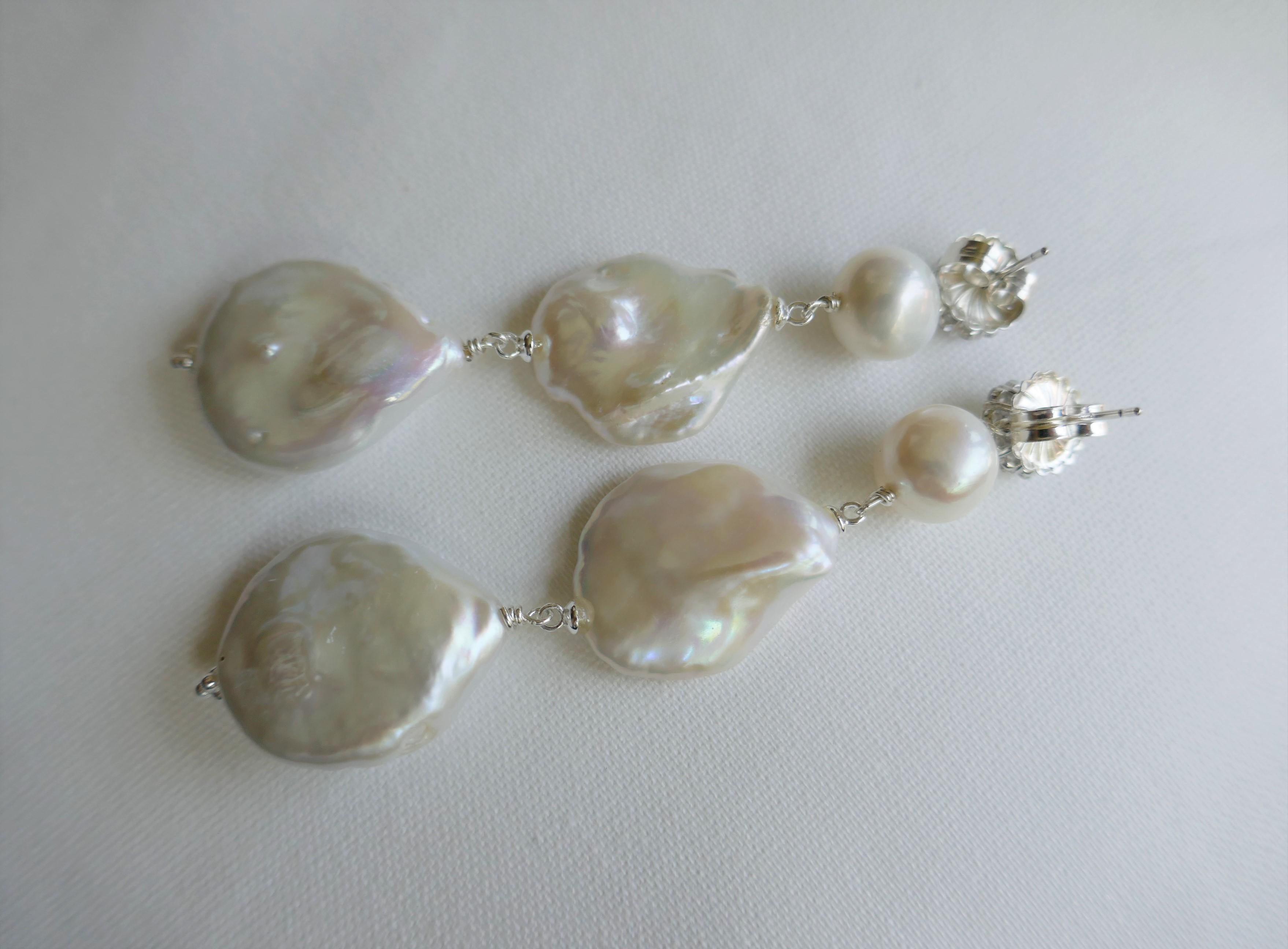 Cultured White Keshi Pearls Pearls Cubic Zirconia 925 Sterling Silver Earrings 1
