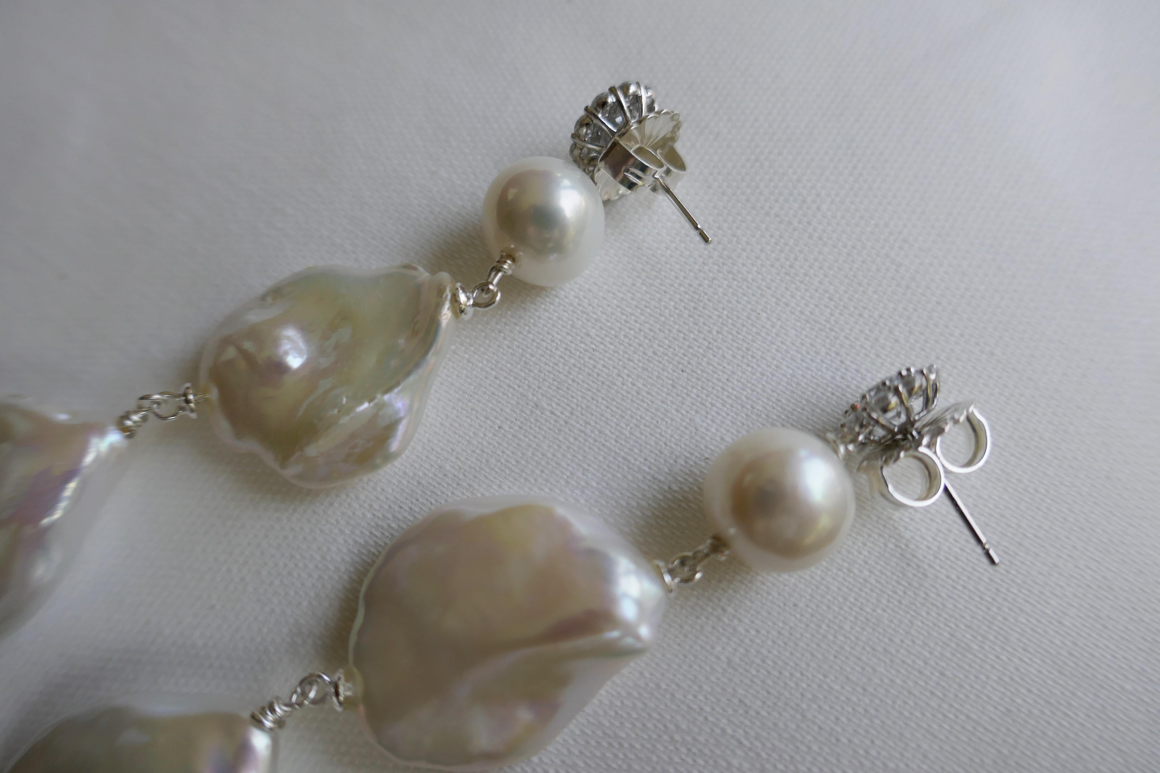 Cultured White Keshi Pearls Pearls Cubic Zirconia 925 Sterling Silver Earrings 2