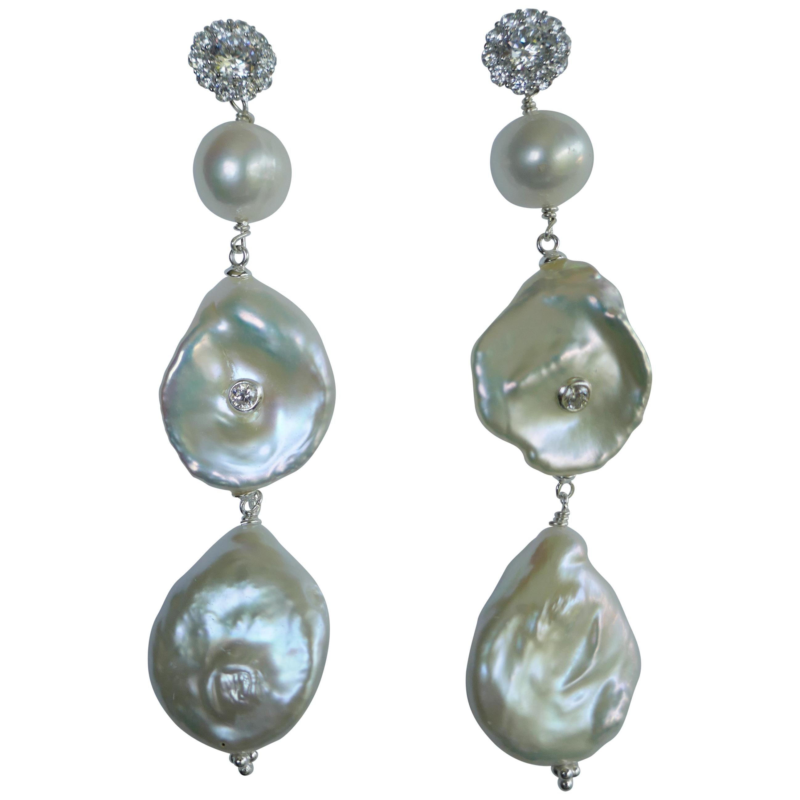 Cultured White Keshi Pearls Pearls Cubic Zirconia 925 Sterling Silver Earrings