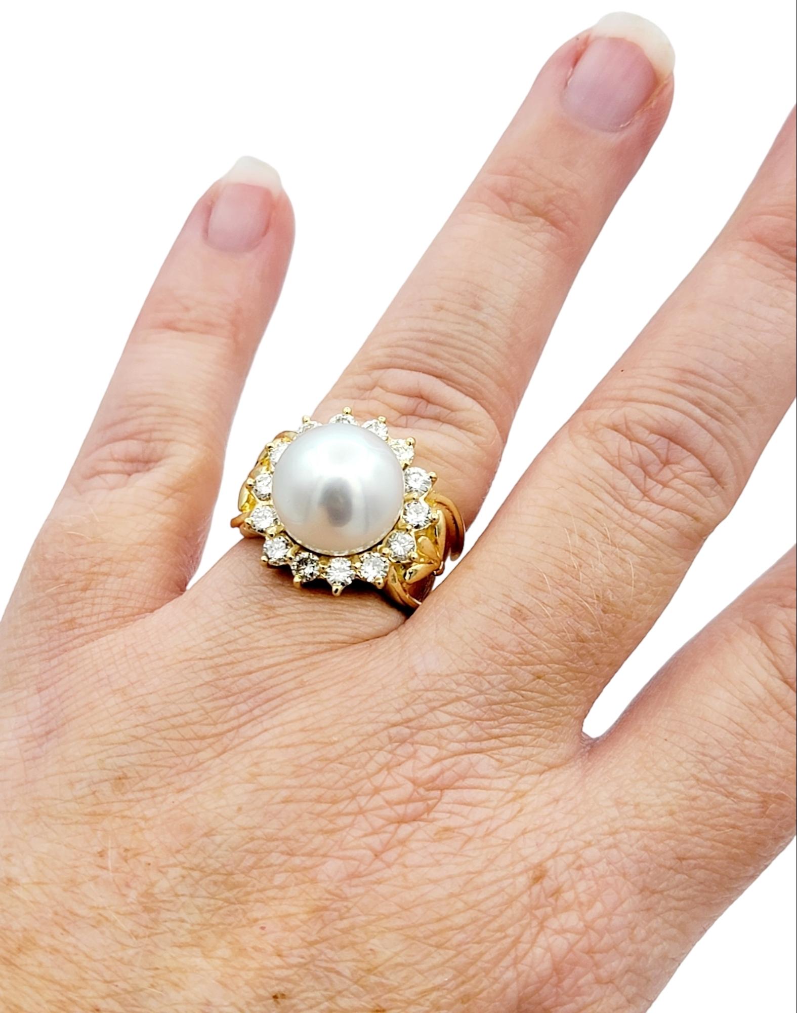 Cultured White Pearl and Diamond Halo Cocktail Ring in 18 Karat Yellow Gold For Sale 4