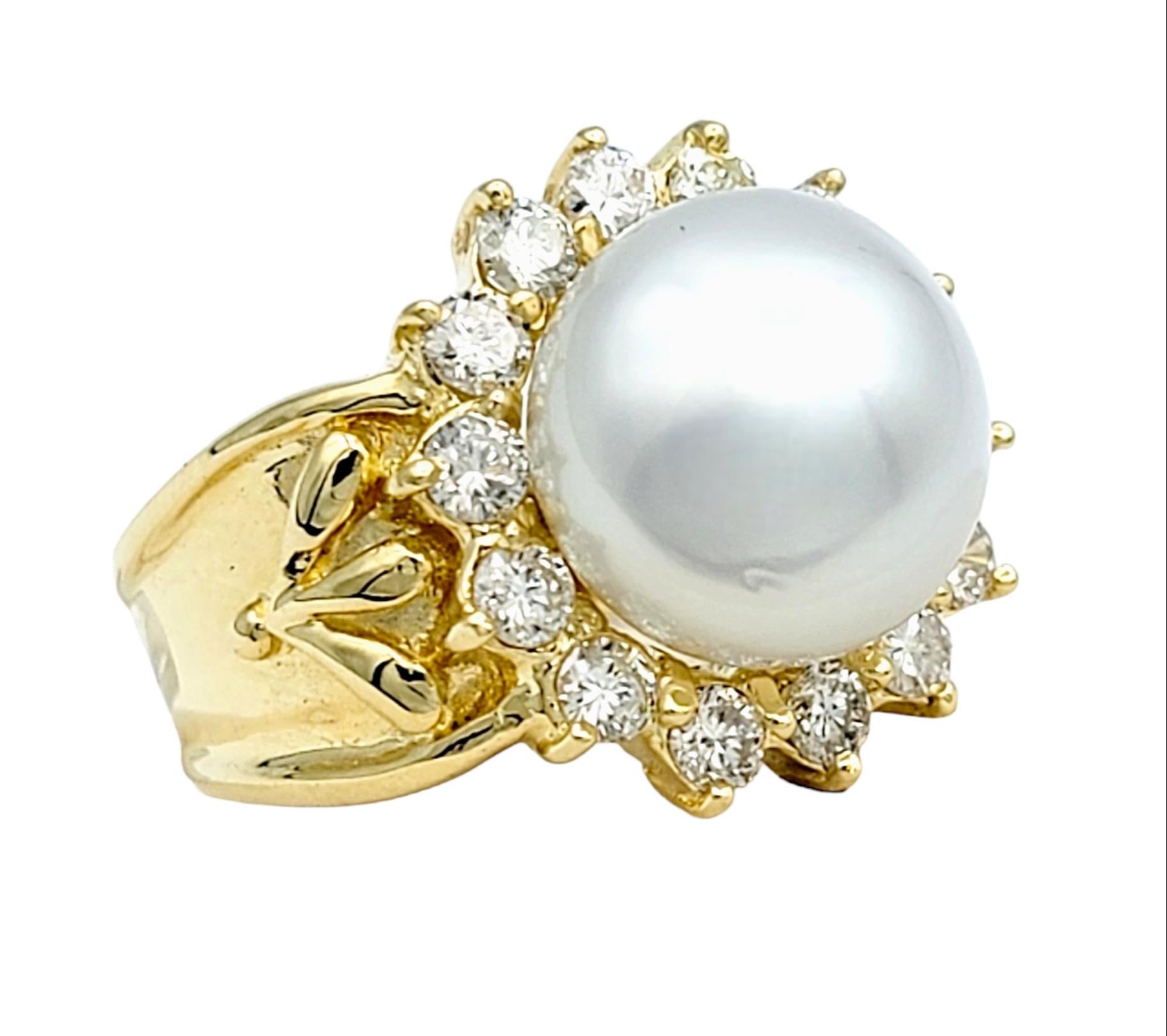 Contemporary Cultured White Pearl and Diamond Halo Cocktail Ring in 18 Karat Yellow Gold For Sale