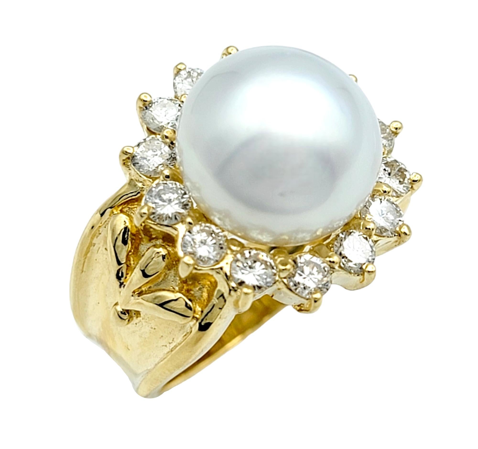 Round Cut Cultured White Pearl and Diamond Halo Cocktail Ring in 18 Karat Yellow Gold For Sale